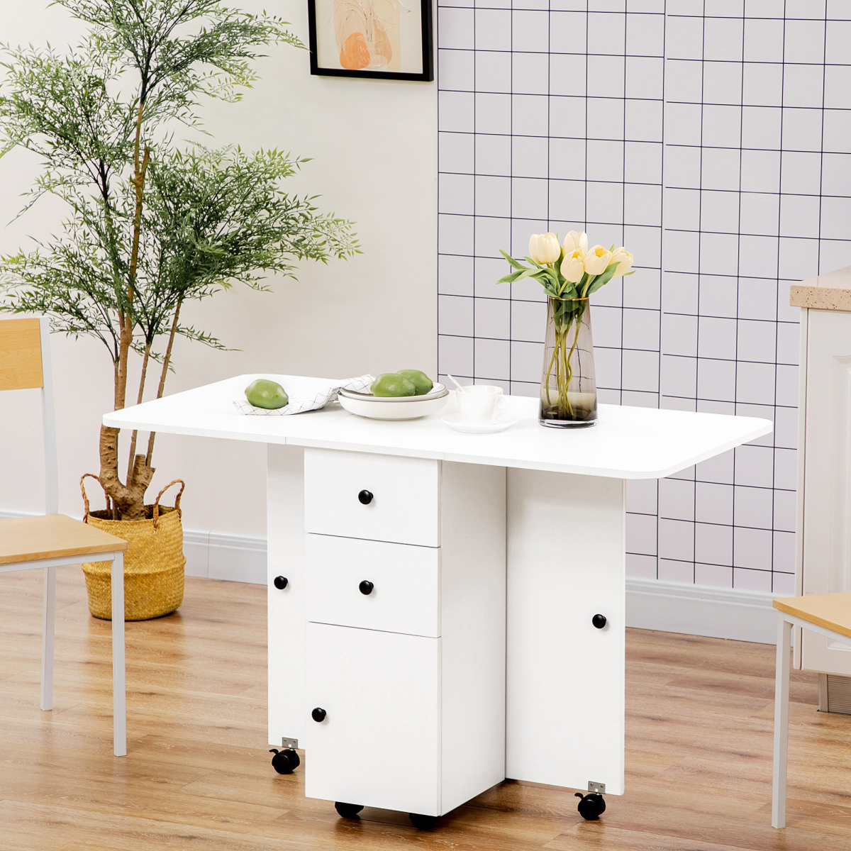 HOMCOM White Folding Drop Leaf Dining Table with Storage Drawers