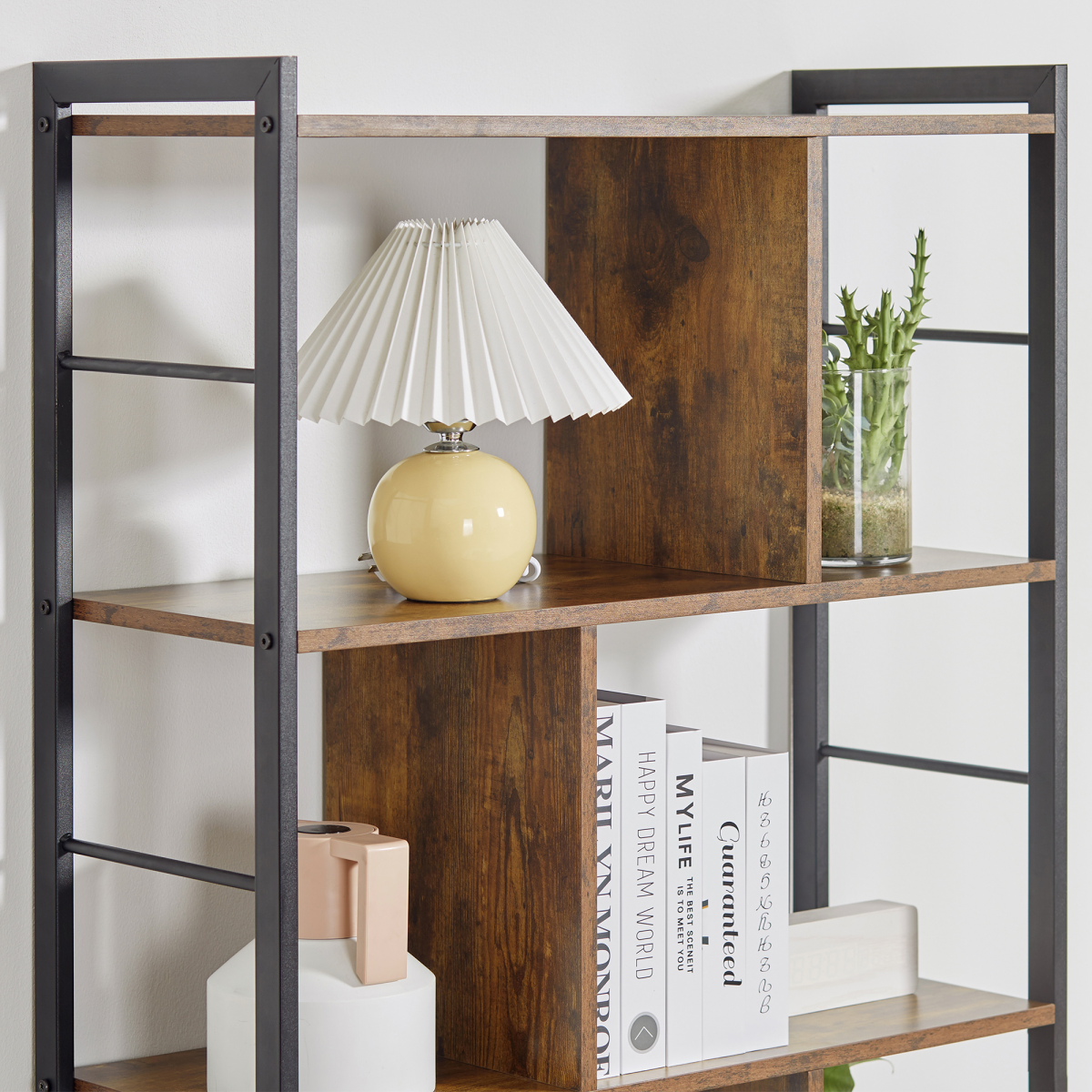 Industrial 5-Tier Storage Shelf Bookcase with Metal Frame, Floor Standing Display Rack, Brown and Black