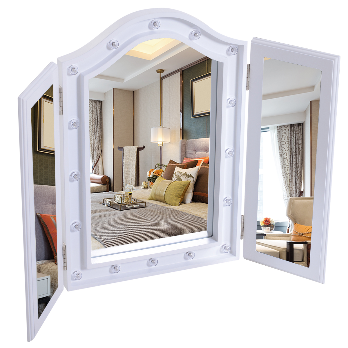 HOMCOM Tri-Fold Vanity Mirror with 16 LED Lights, White