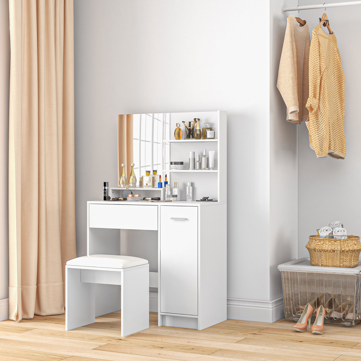 HOMCOM White Dressing Table Set with Mirror, Stool and Storage