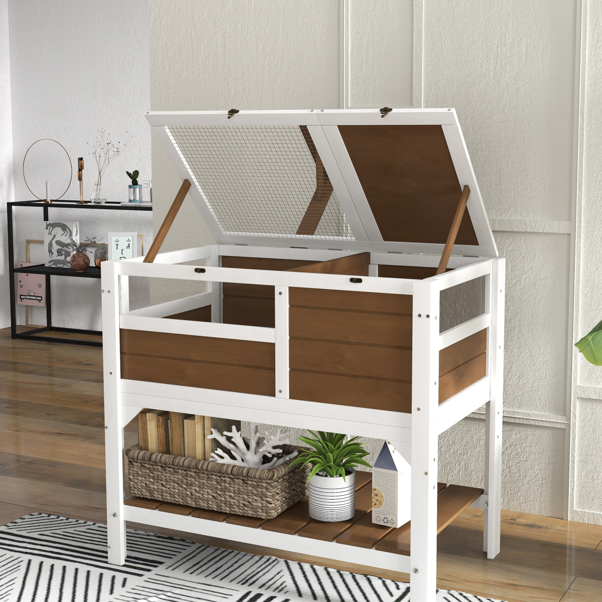 PawHut Wooden Tortoise House with Run, Shelter, Shelf and Lamp Holder, Brown and White