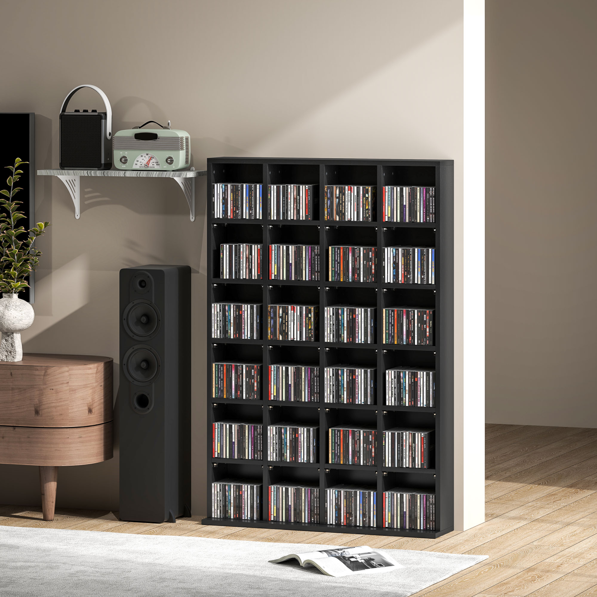 HOMCOM 24-Cube DVD CD Media Storage Rack with Adjustable Shelves, Black