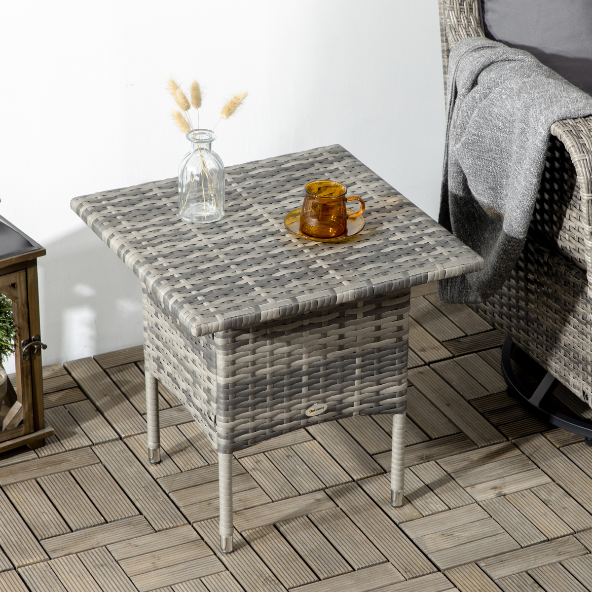 Outsunny PE Rattan Patio Coffee Table with Steel Frame, Mixed Grey