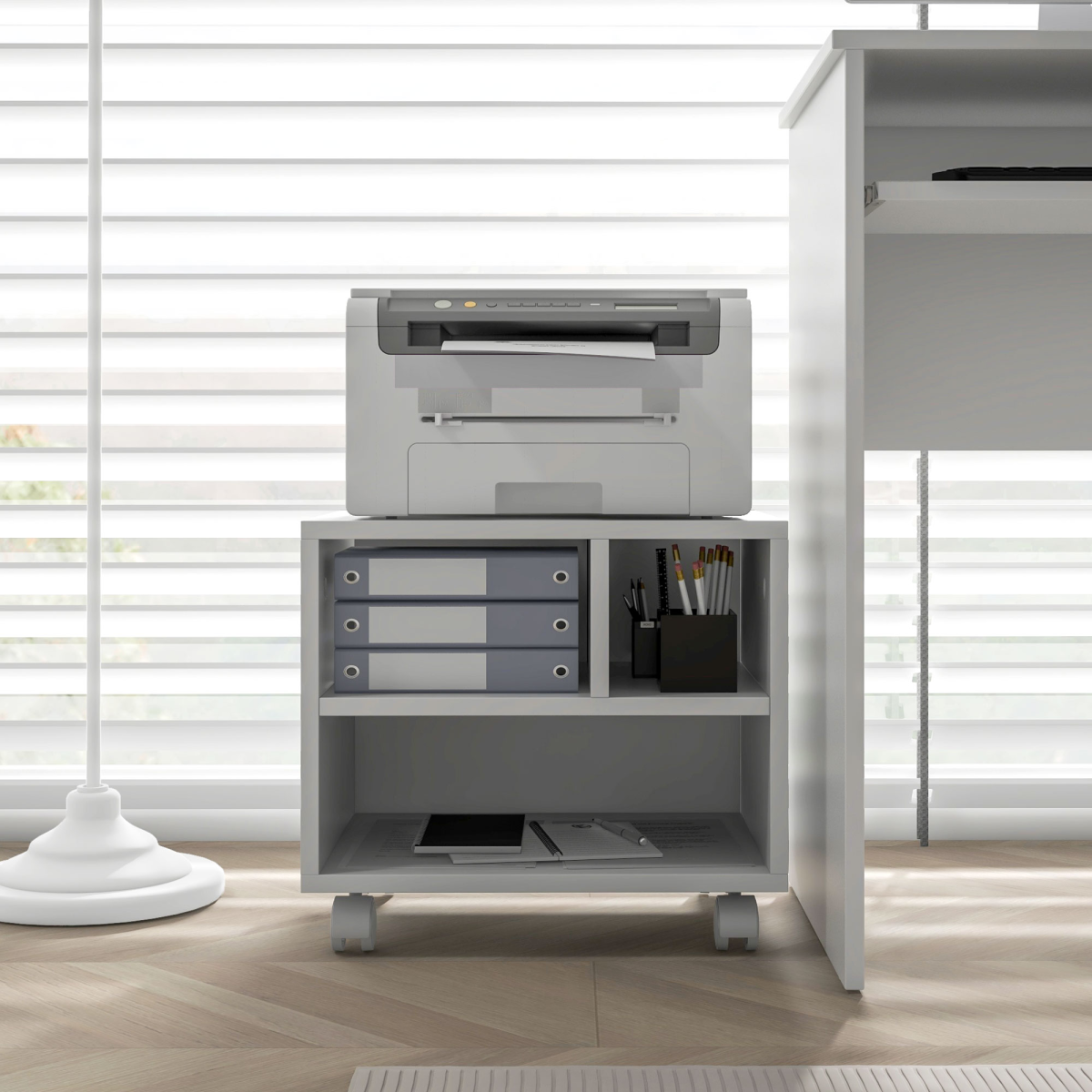 HOMCOM White Printer Stand with Storage and Wheels for Home Office