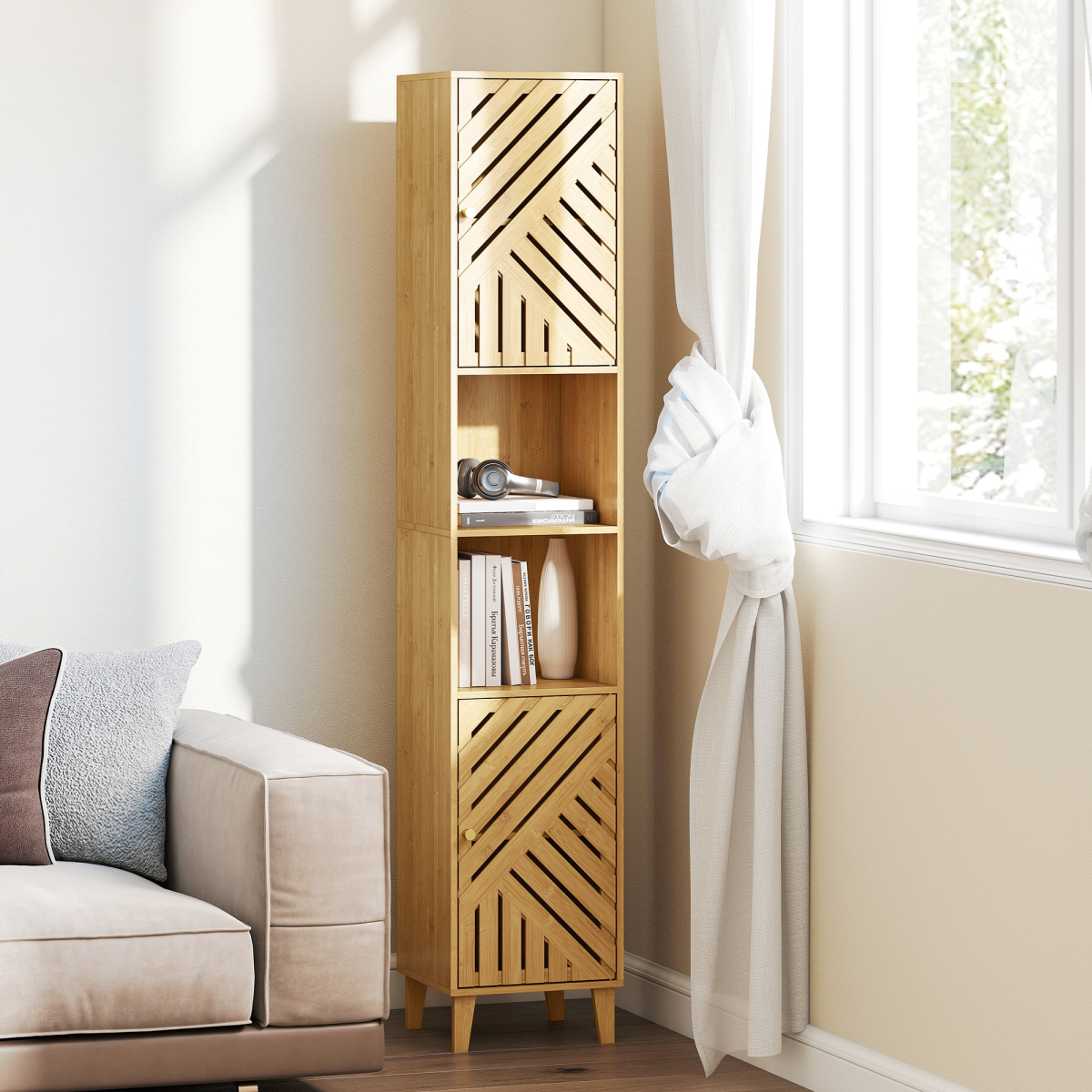 HOMCOM Tall Bathroom Storage Cabinet with Open Compartments, Adjustable Shelves