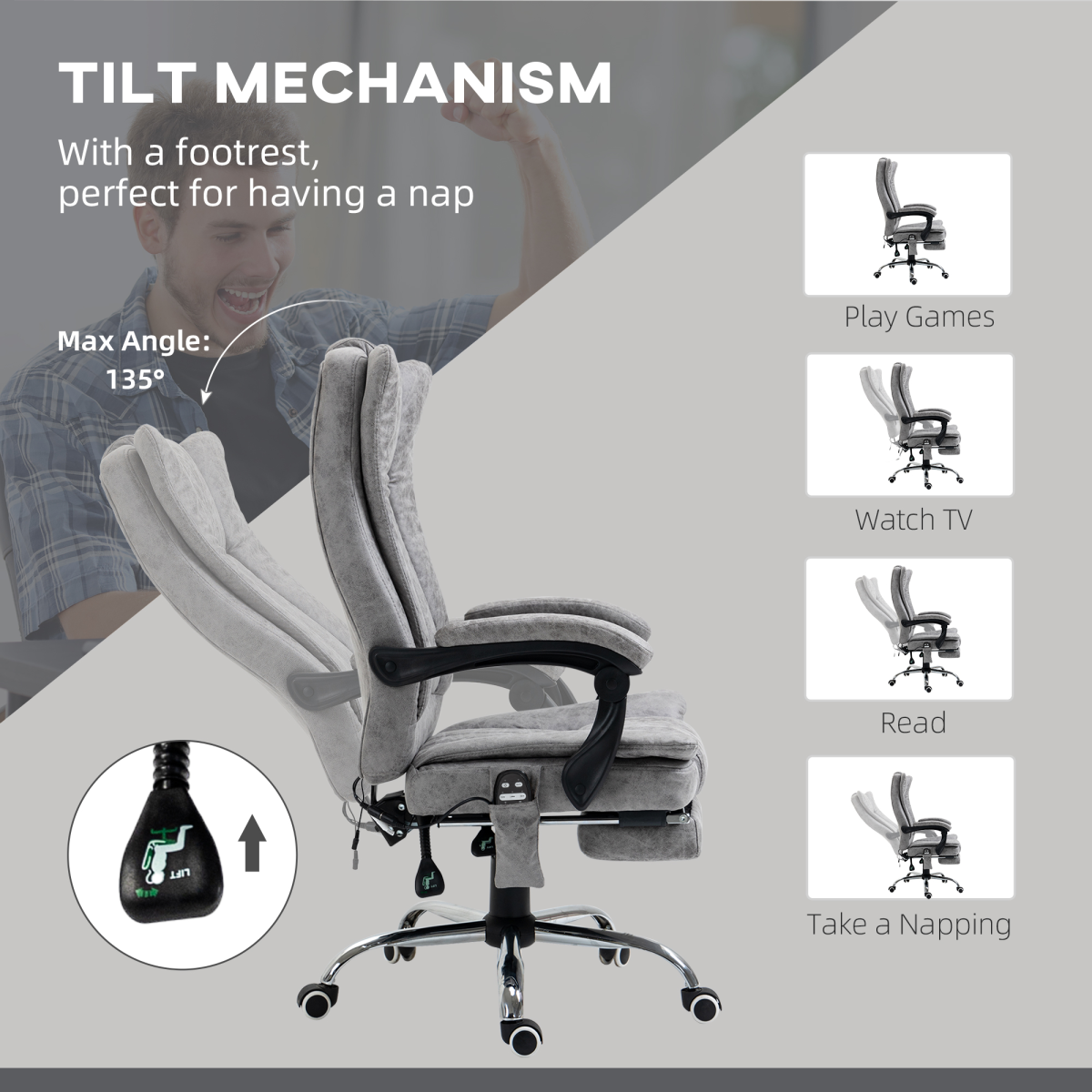 6-Point Vibrating Massage Office Chair w/ Microfibre Upholstery Arms Grey