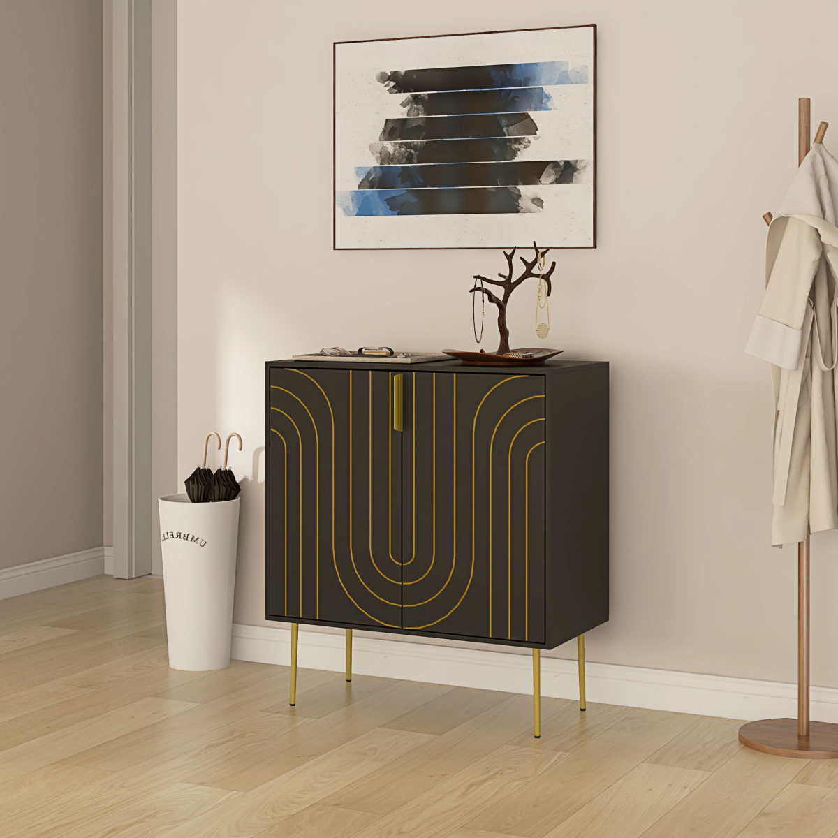 HOMCOM Art Deco Freestanding Black Storage Cabinet with Adjustable Shelf