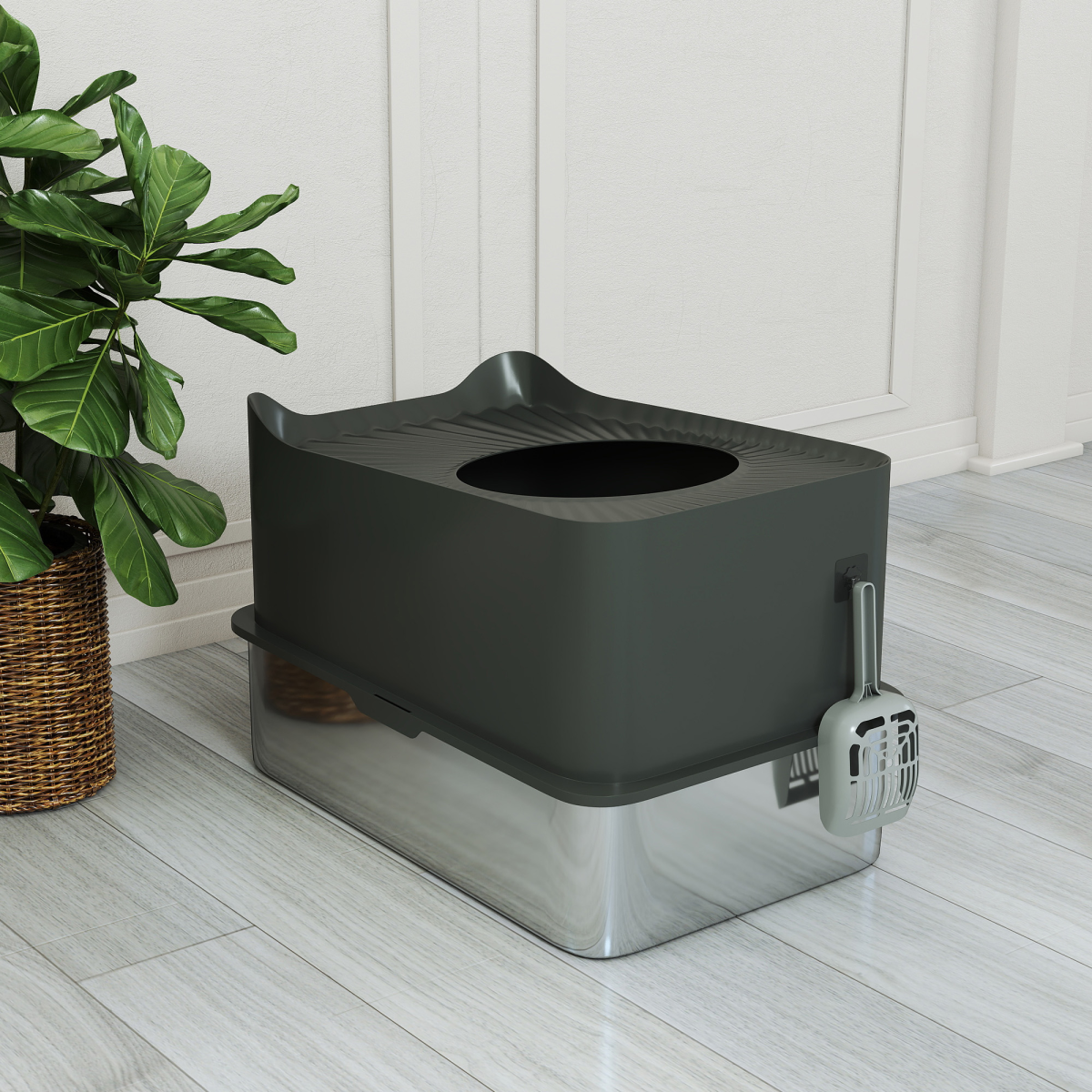 PawHut Stainless Steel Enclosed Cat Litter Box with Scoop, Dark Grey