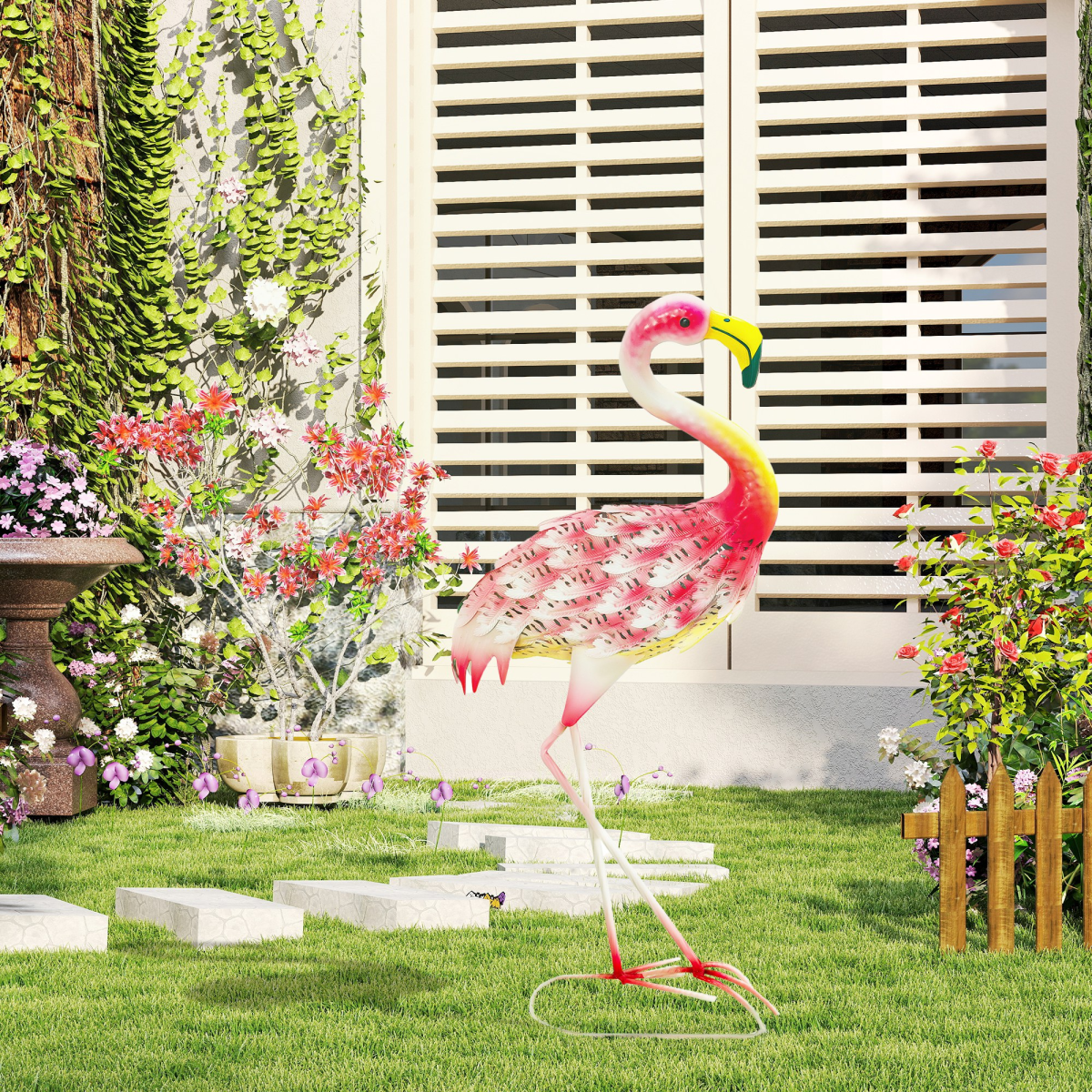 Outsunny Metal Flamingo Garden Ornament with Stakes