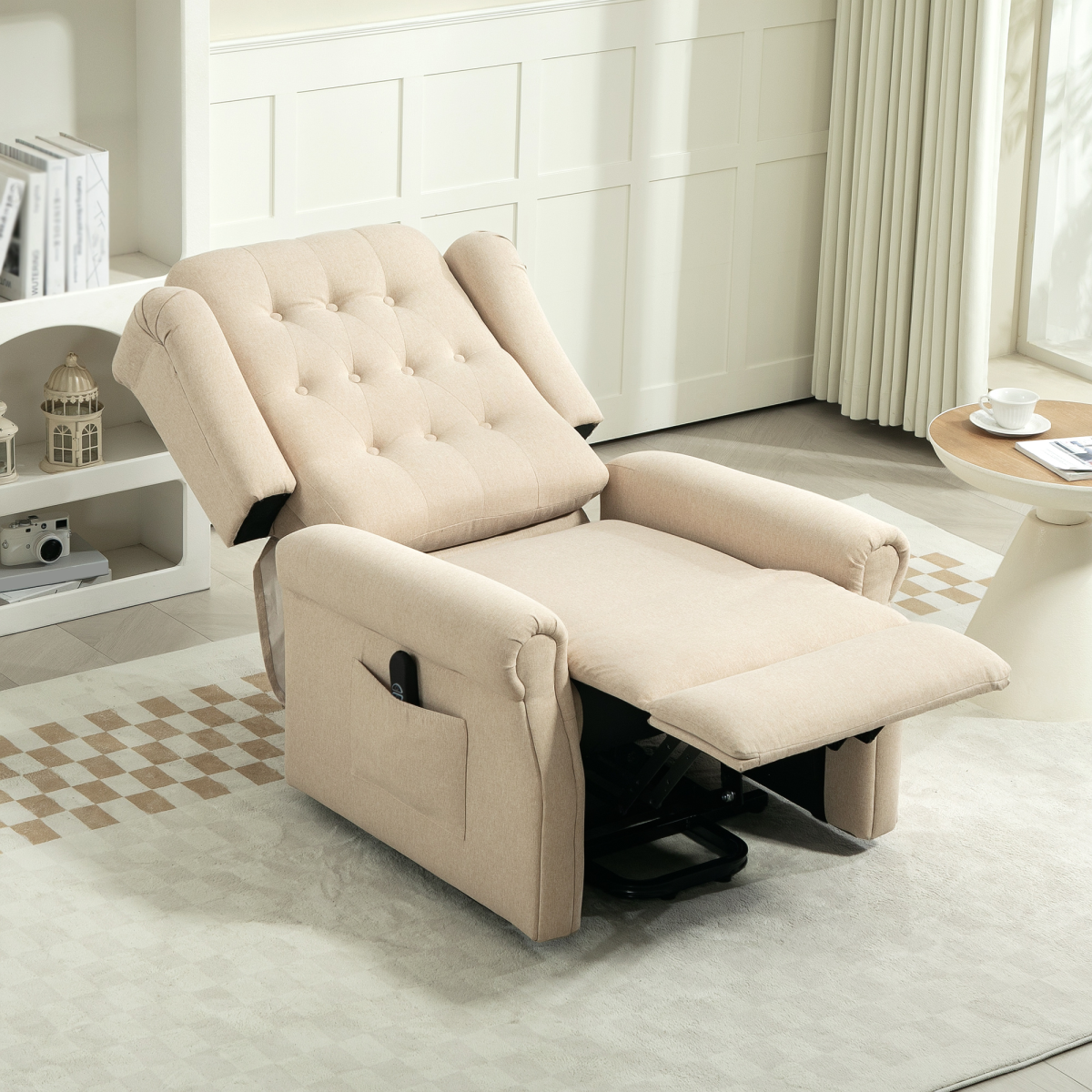 HOMCOM Beige Power Lift Recliner Armchair, Wingback, Button Tufted