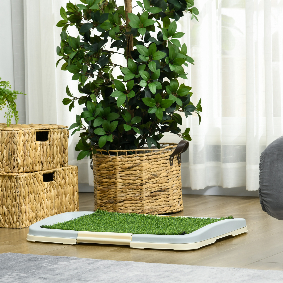 PawHut Dog Toilet Indoor w/ Artificial Grass, Grid Panel, Tray, 63 x 48.5cm