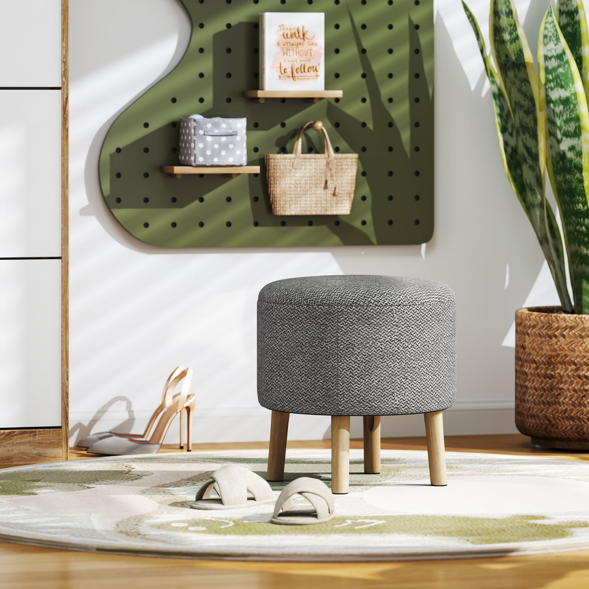 HOMCOM Round Storage Ottoman Stool with Cushioned Top & Hidden Storage
