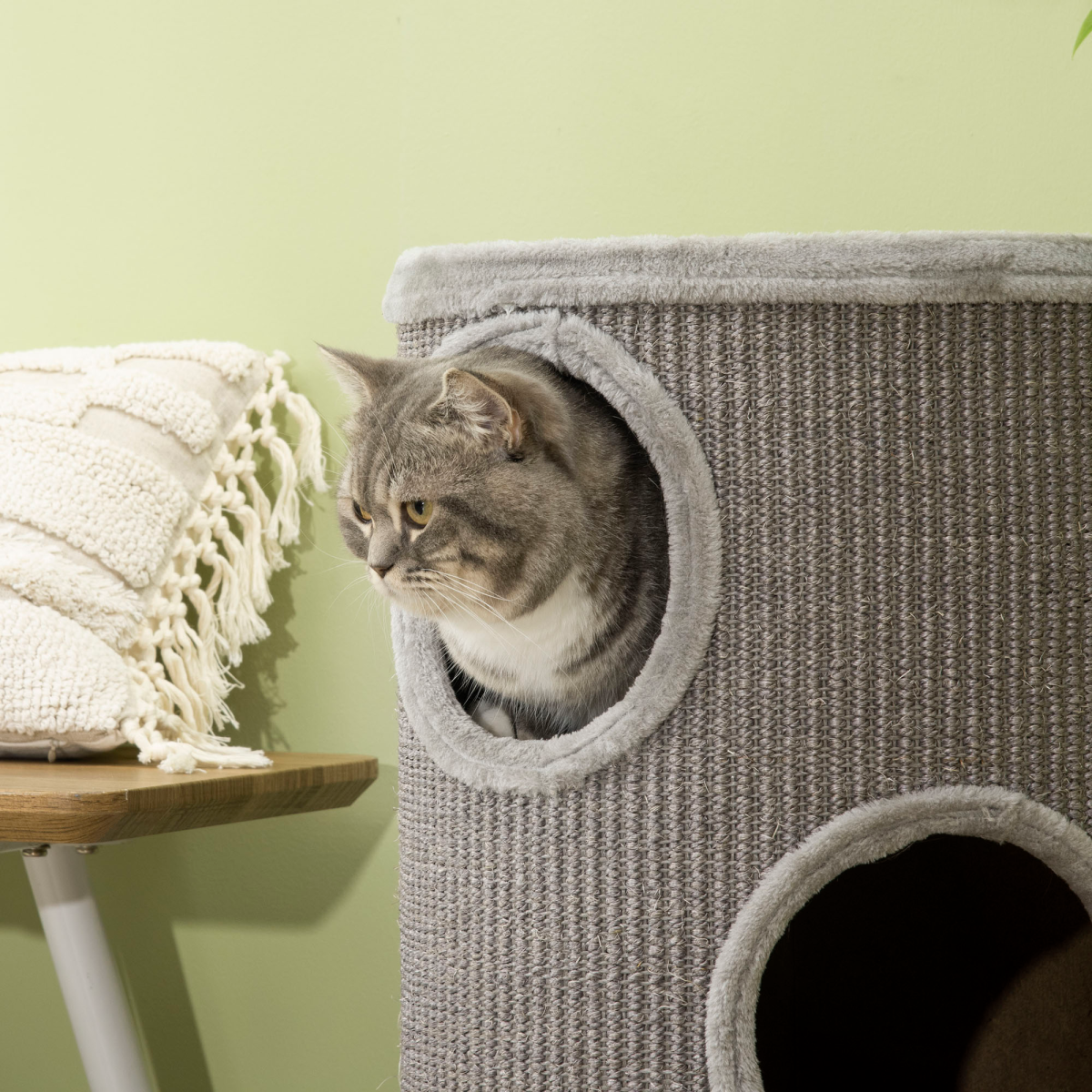 PawHut Light Grey Cat Barrel Tower with Sisal and Plush Platform