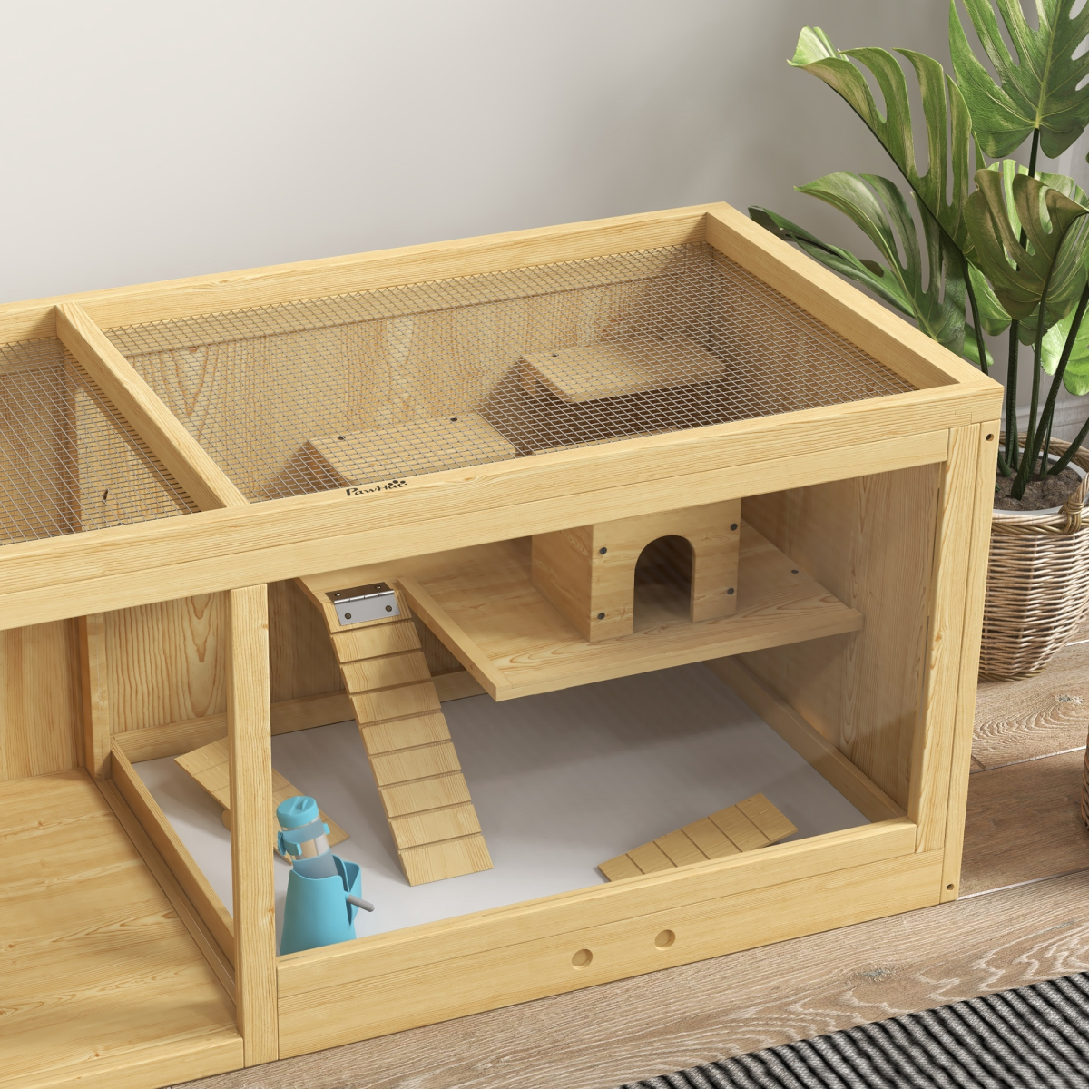 PawHut Wooden Hamster Cage with Water Bottle, Platforms & Openable Roof