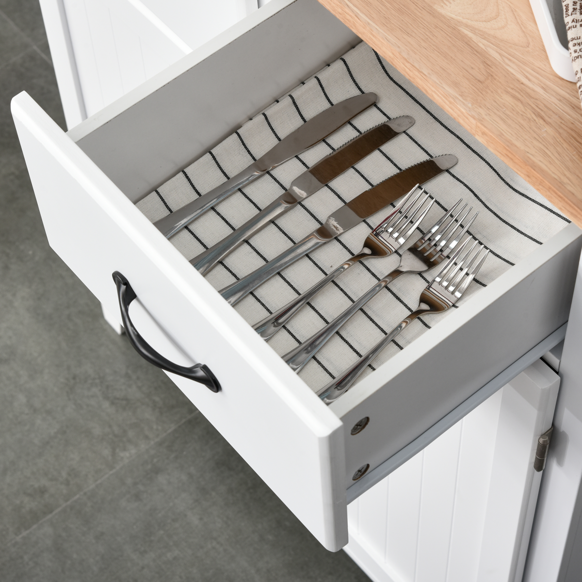 Kitchen Storage Cabinet with Wooden Top, Drawers & Shelf