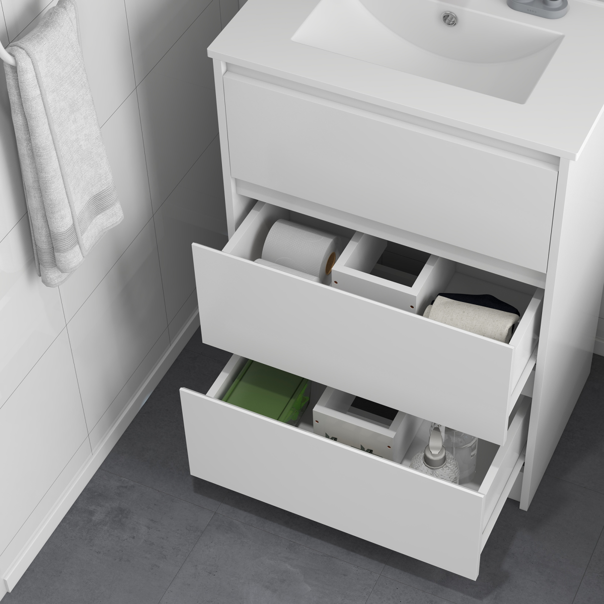 600mm Bathroom Vanity Unit w/ 1 Tap Hole Basin Drawers Gloss White