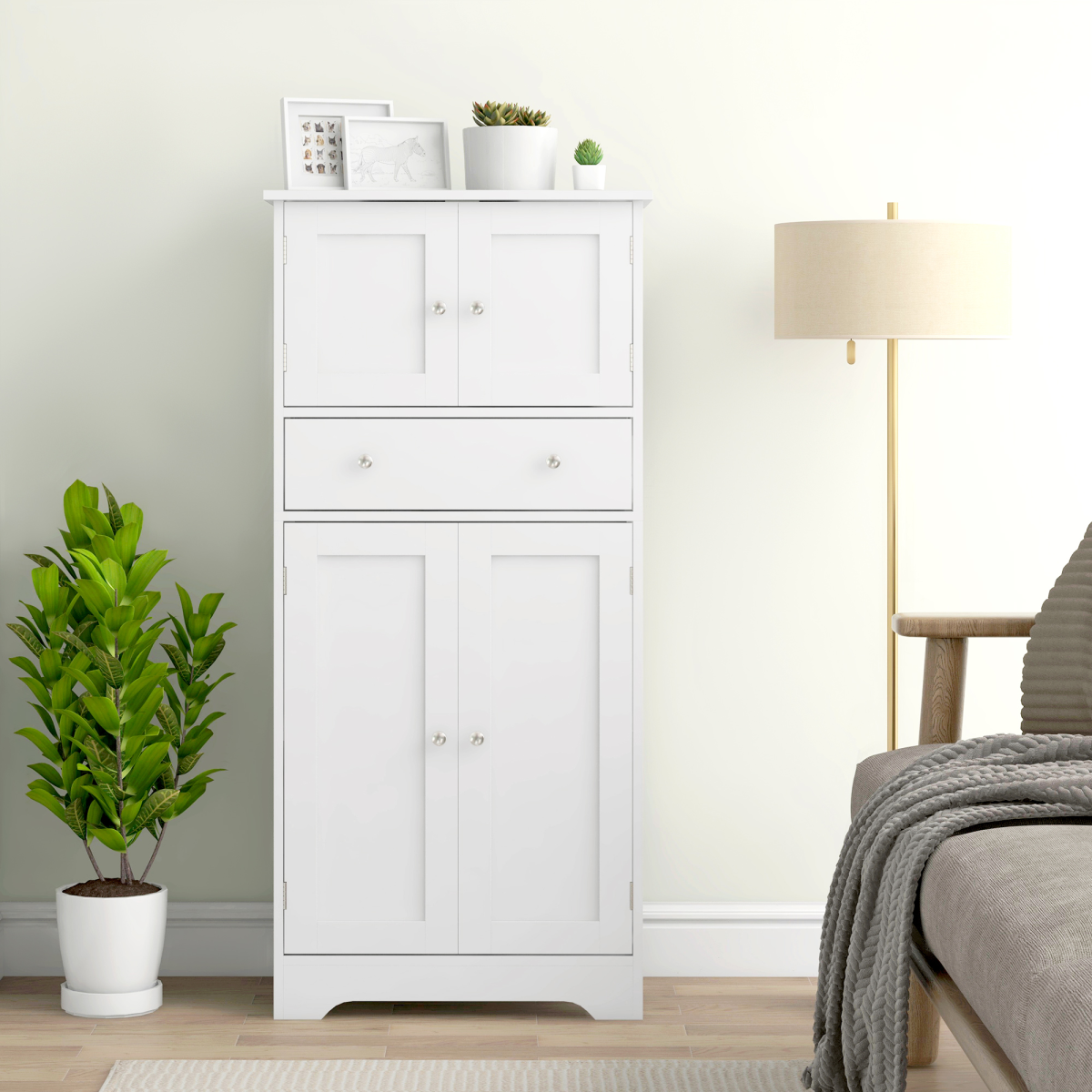 HOMCOM White Kitchen Storage Cabinet with Drawer & Adjustable Shelf