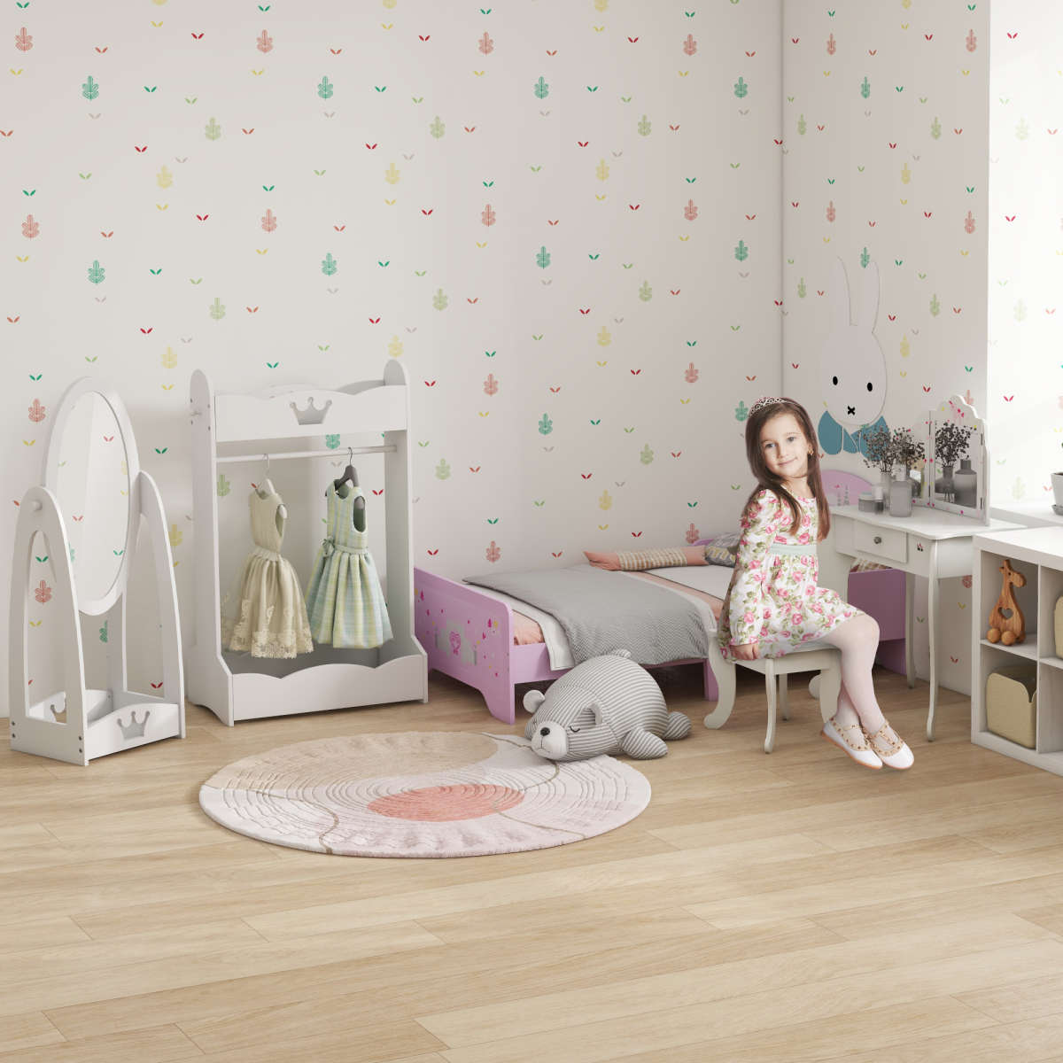 Kids Wooden Clothes Rack with Storage Shelves and Hooks, Princess Hall Tree for Ages 3-8 Years