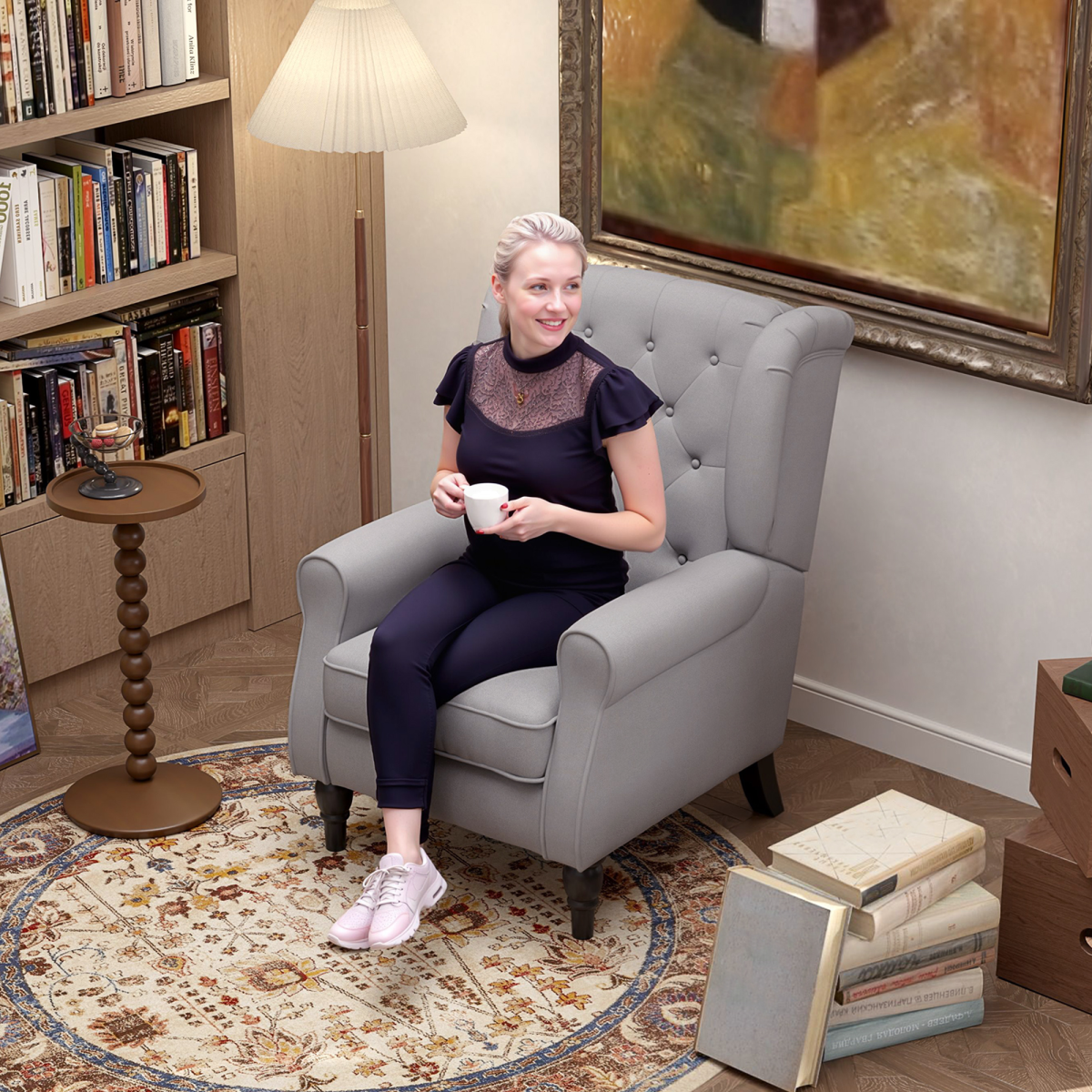 Retro Grey Wingback Accent Armchair with Wood Frame