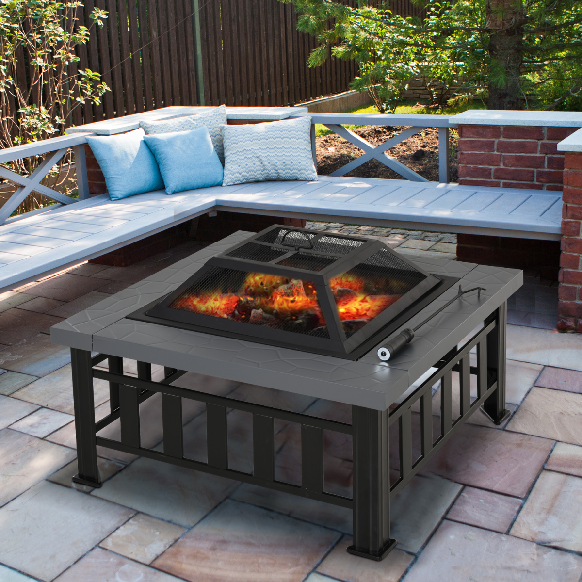 HOMCOM Square Fire Pit with Waterproof Cover, Black/Grey