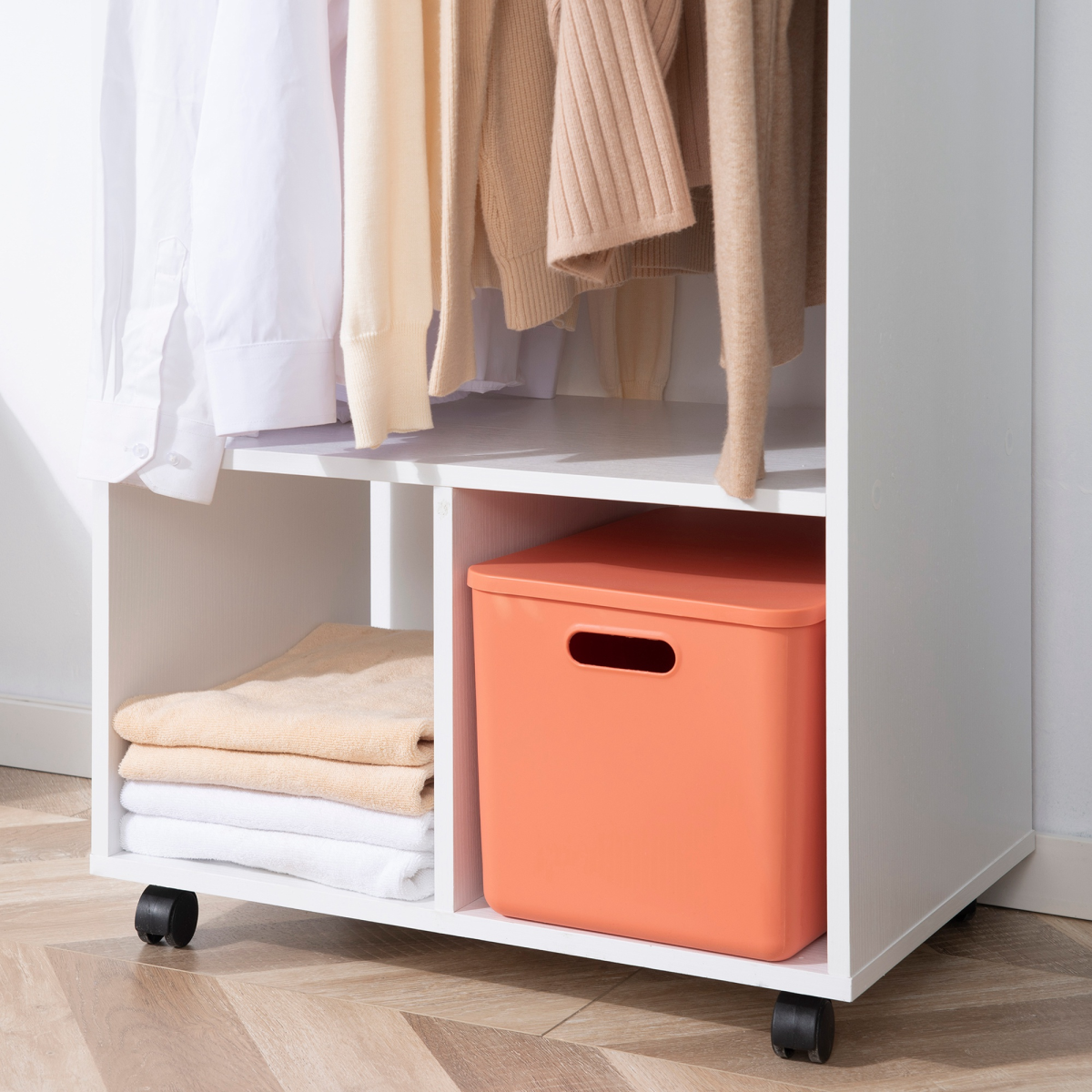Open Wardrobe Clothes Rail with Shelves & Wheels, White