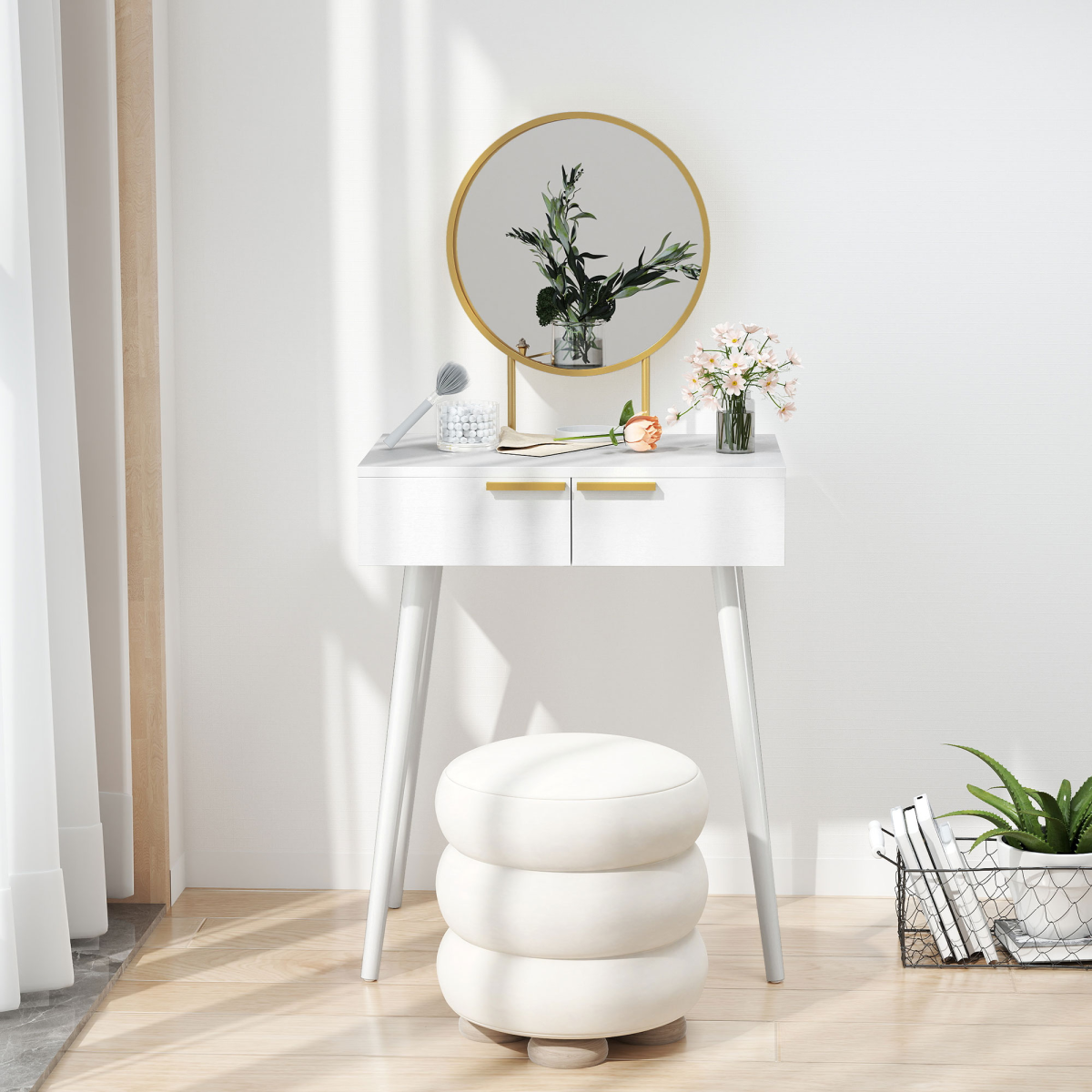 HOMCOM Modern Dressing Table with 2 Drawers & Round Mirror, White