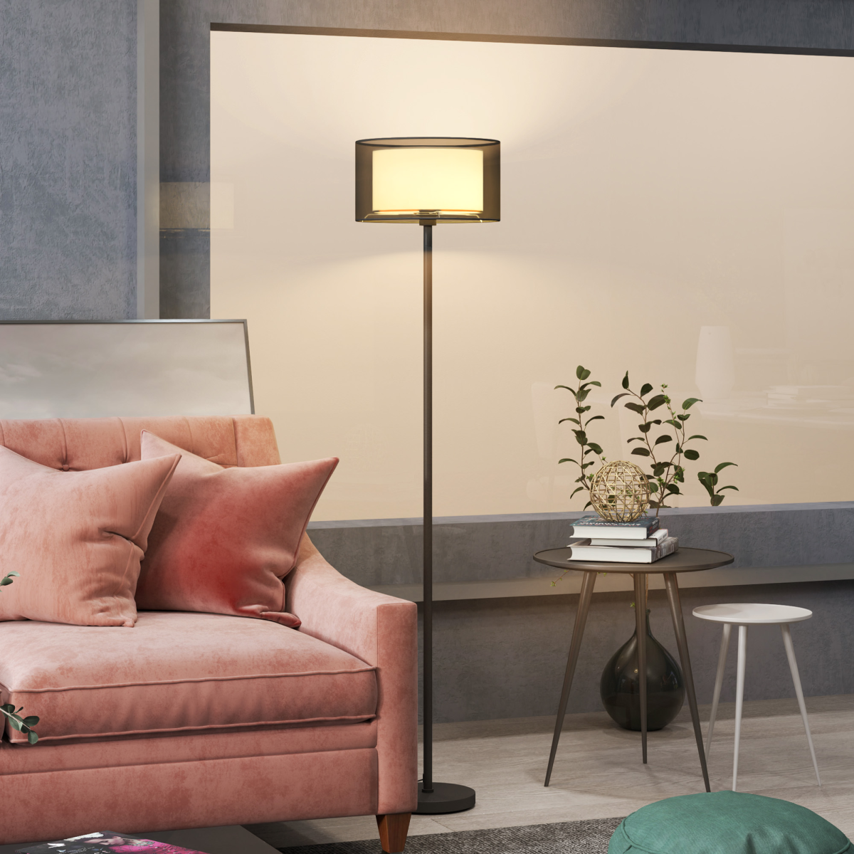 HOMCOM Modern Floor Lamp with Double-Layer Shade, Foot Switch, Black