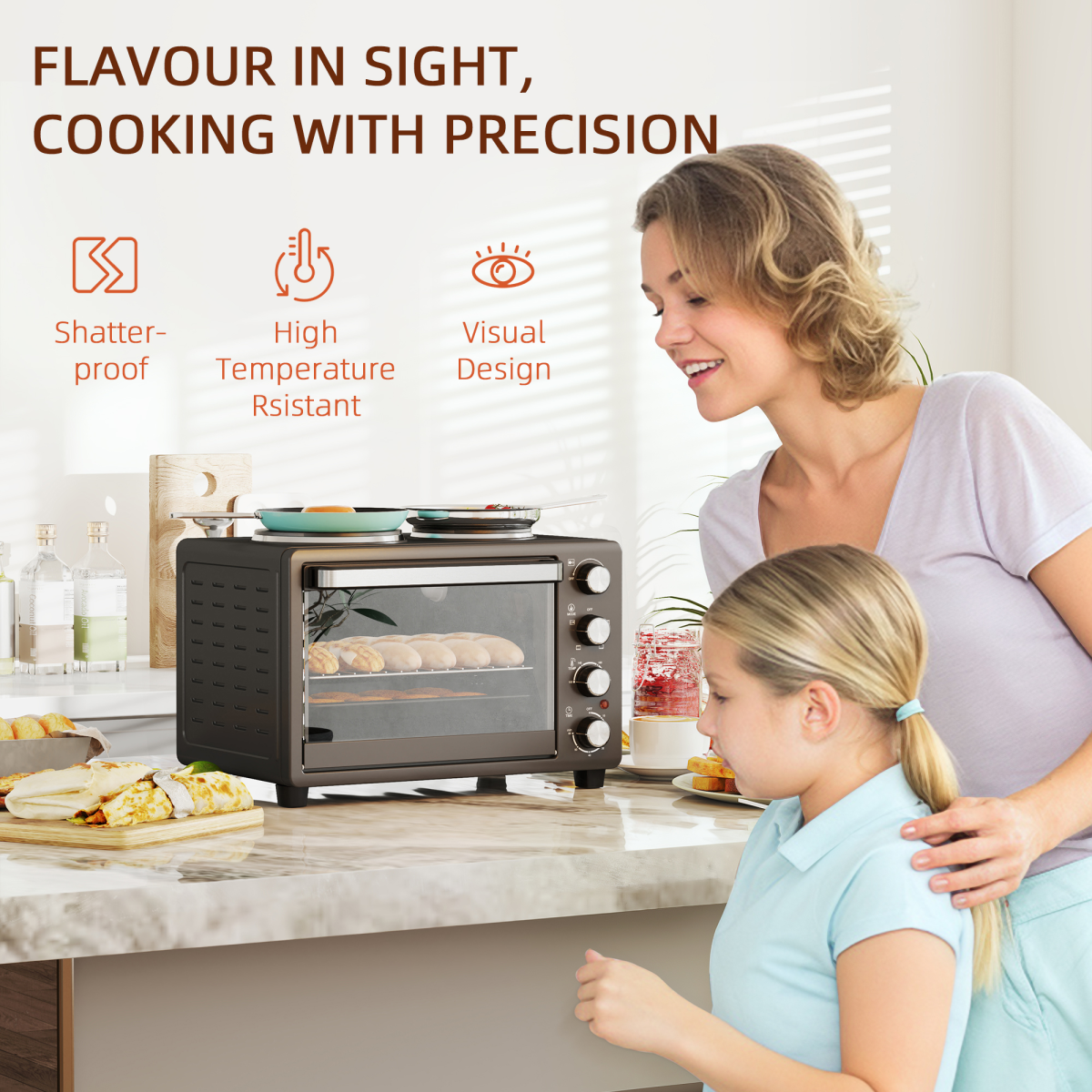 HOMCOM 28L Countertop Oven with 2 Hot Plates, Grill, Roast & Bake