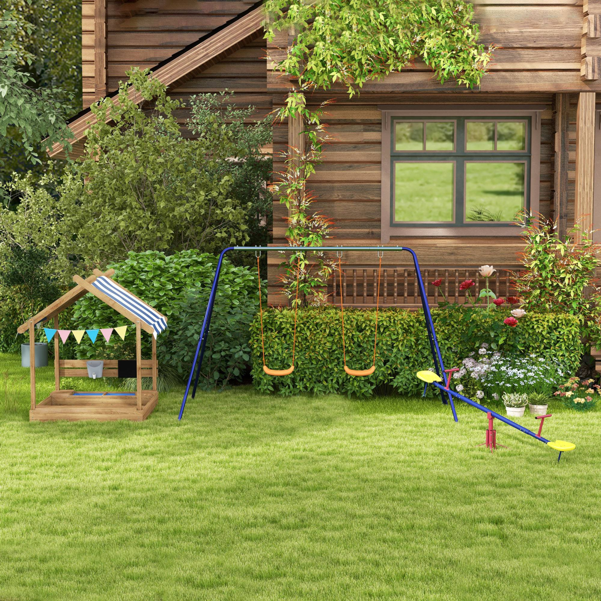 Outsunny Kids Wooden Sand Pit with Canopy, Blackboard, Sink, Seats and Toys