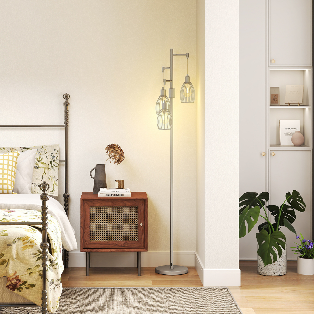 HOMCOM Industrial 3-Light Dimmable Floor Lamp, Silver Tone
