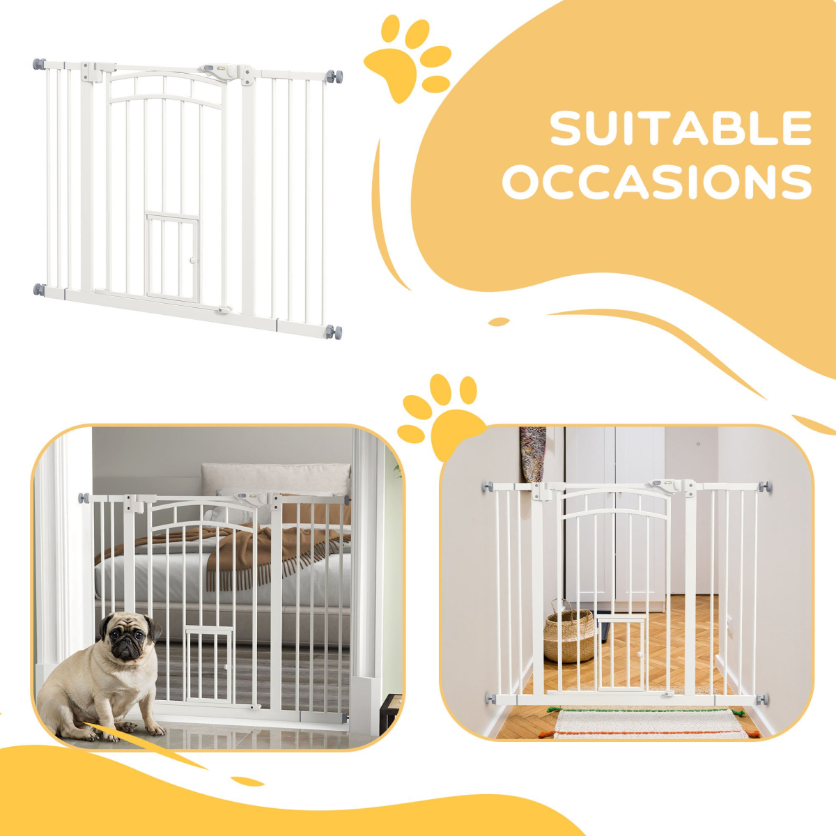PawHut Pressure Fit Pet Safety Gate with Cat Door, 74-100cm