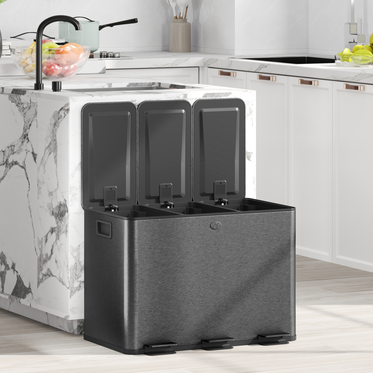 HOMCOM 3 x 20L Triple Kitchen Recycling Pedal Bin, Black