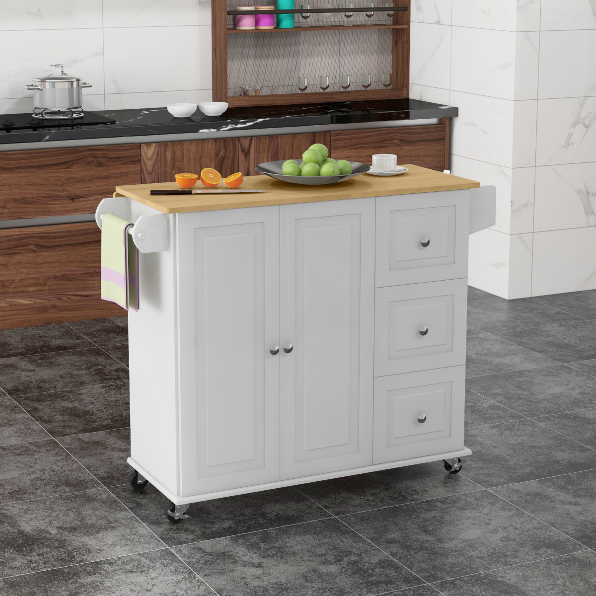 HOMCOM White Kitchen Island Cart with Drop Leaf, Wheels & Storage