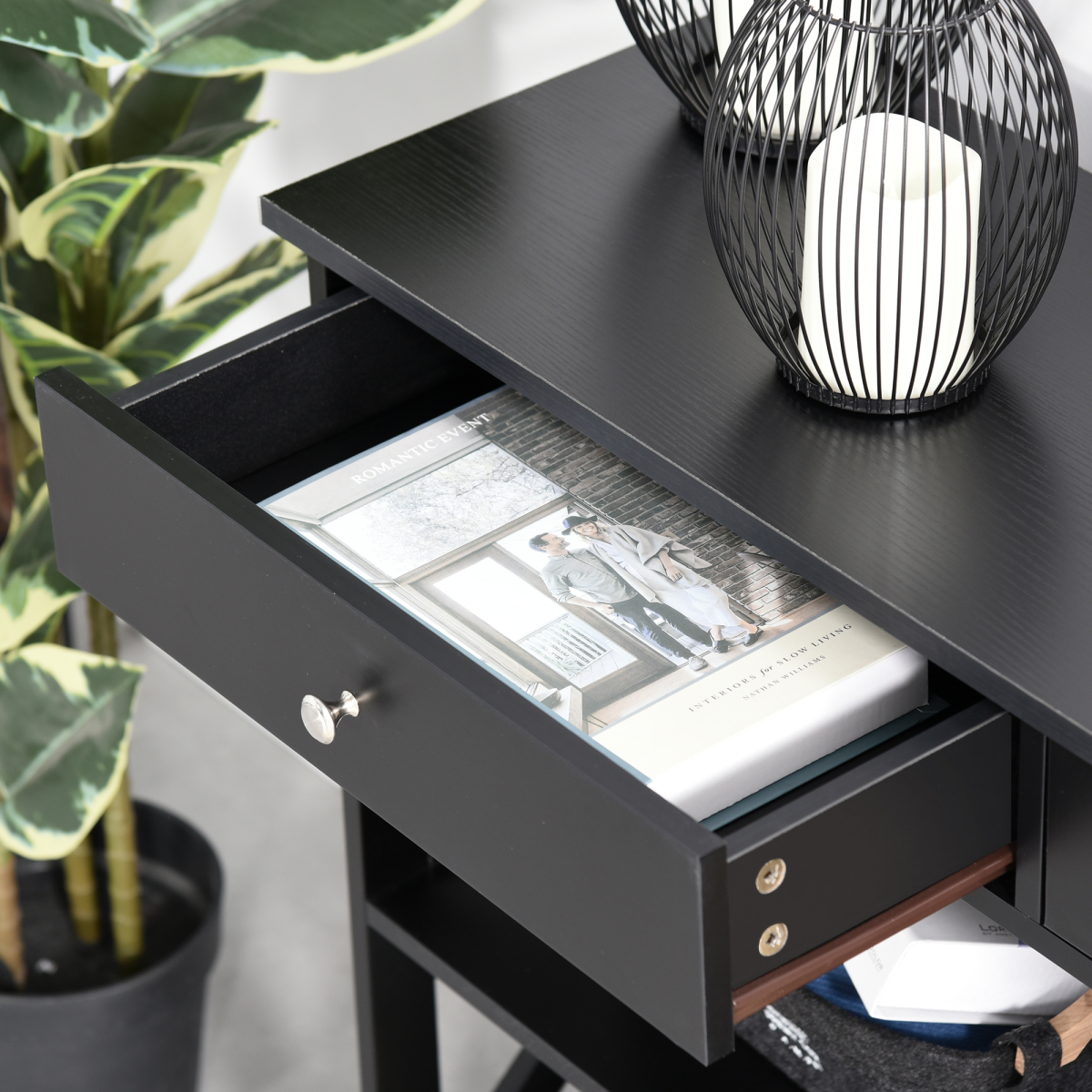 Black Console Table with 2 Drawers and Shelves, Flat Top