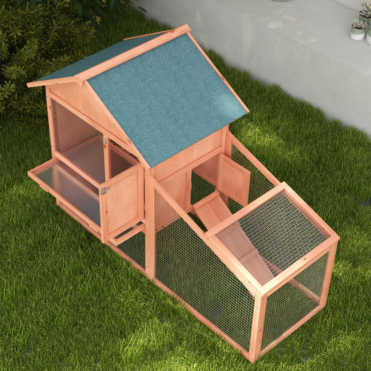Pawhut 2 Tier Wooden Rabbit Hutch with Asphalt Roof, Ramp, Water Resistant, 144 x 64.5 x 100 cm