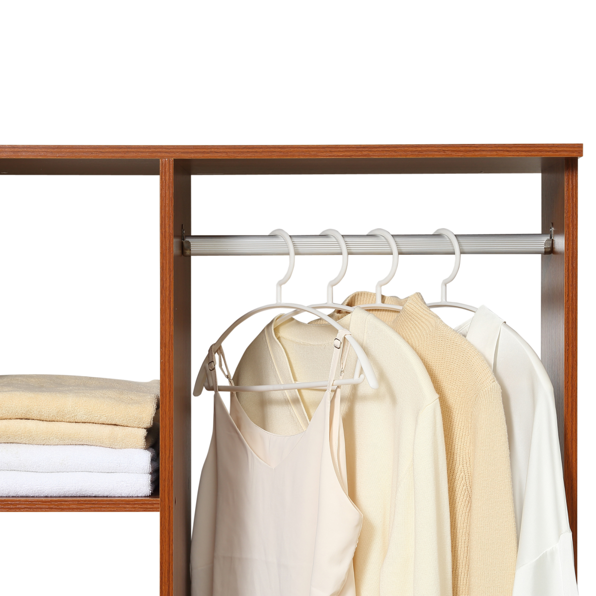 HOMCOM Walnut Open Wardrobe with Hanging Rail, Shelves, Cubbies and Wheels