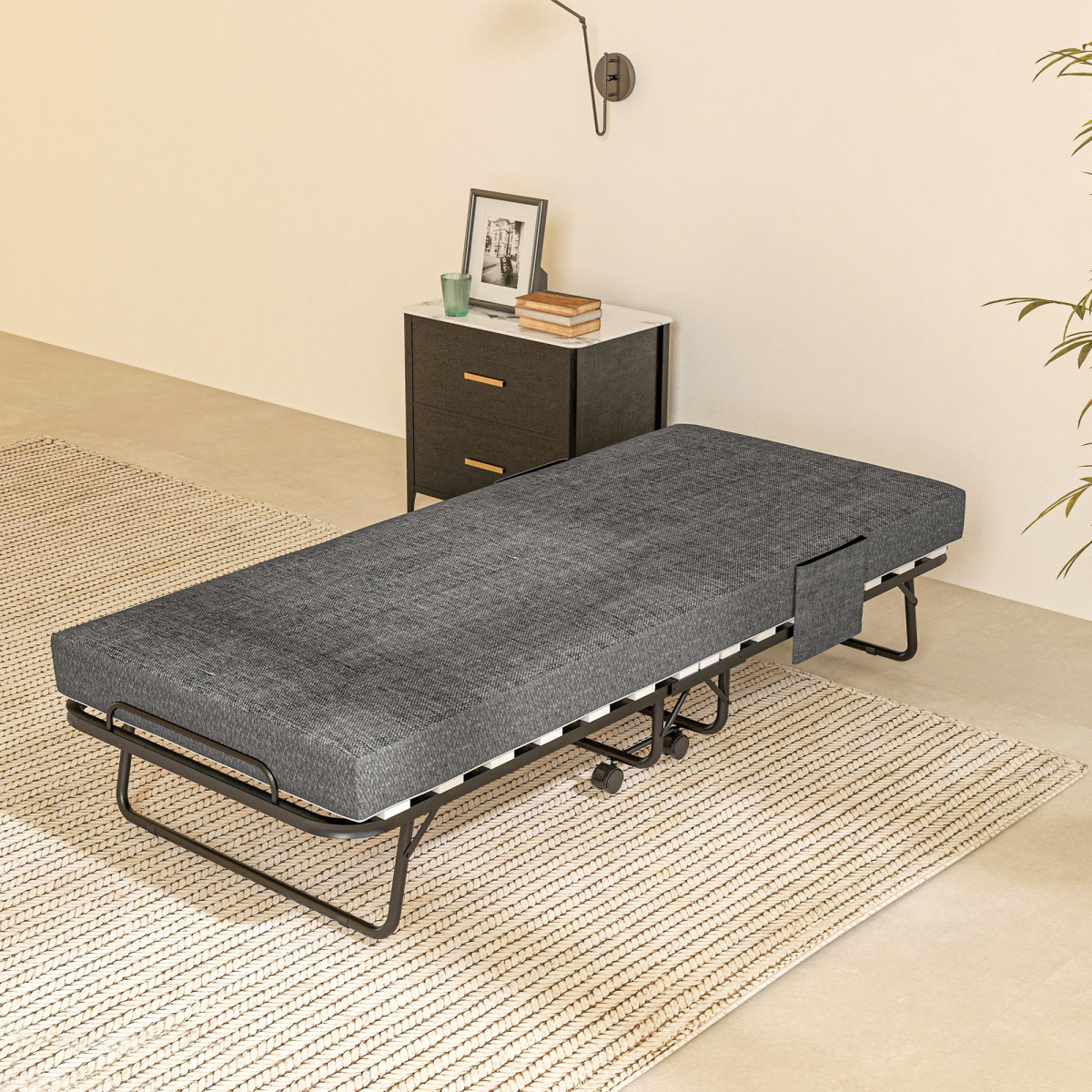 HOMCOM Foldable Guest Bed with Mattress, Lockable Wheels, Dark Grey