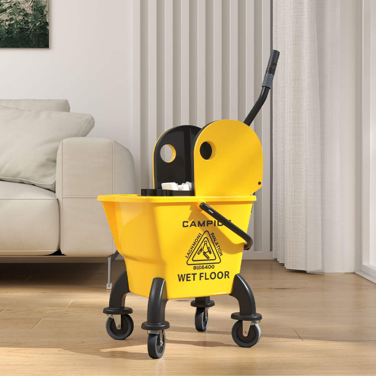 HOMCOM 26L Mop Bucket with Wringer, Wheels, Mop Included, Yellow
