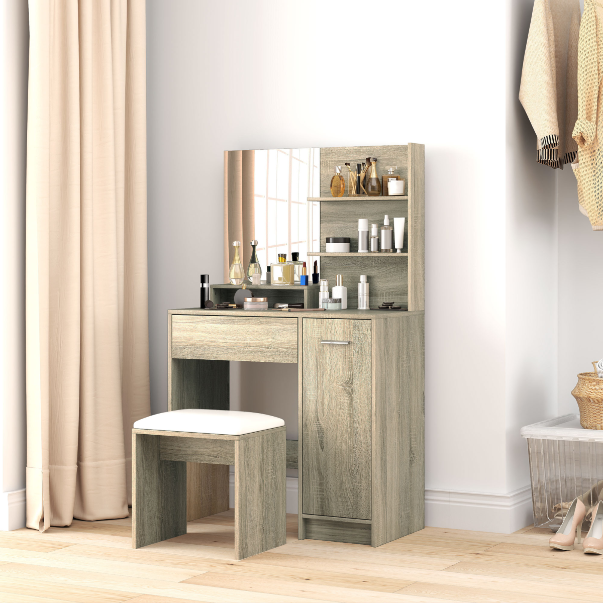 HOMCOM Dressing Table with Mirror, Stool and Storage for Bedroom