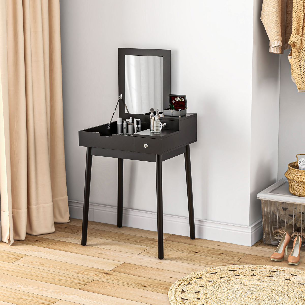 HOMCOM Black Dressing Table Vanity Desk with Flip-Up Mirror, 2 Drawers