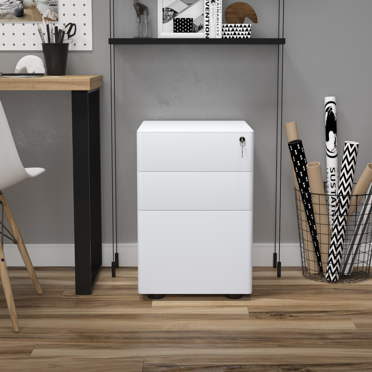 3 Drawer Steel Filing Cabinet Lockable 4 Wheels Compact Under Desk White