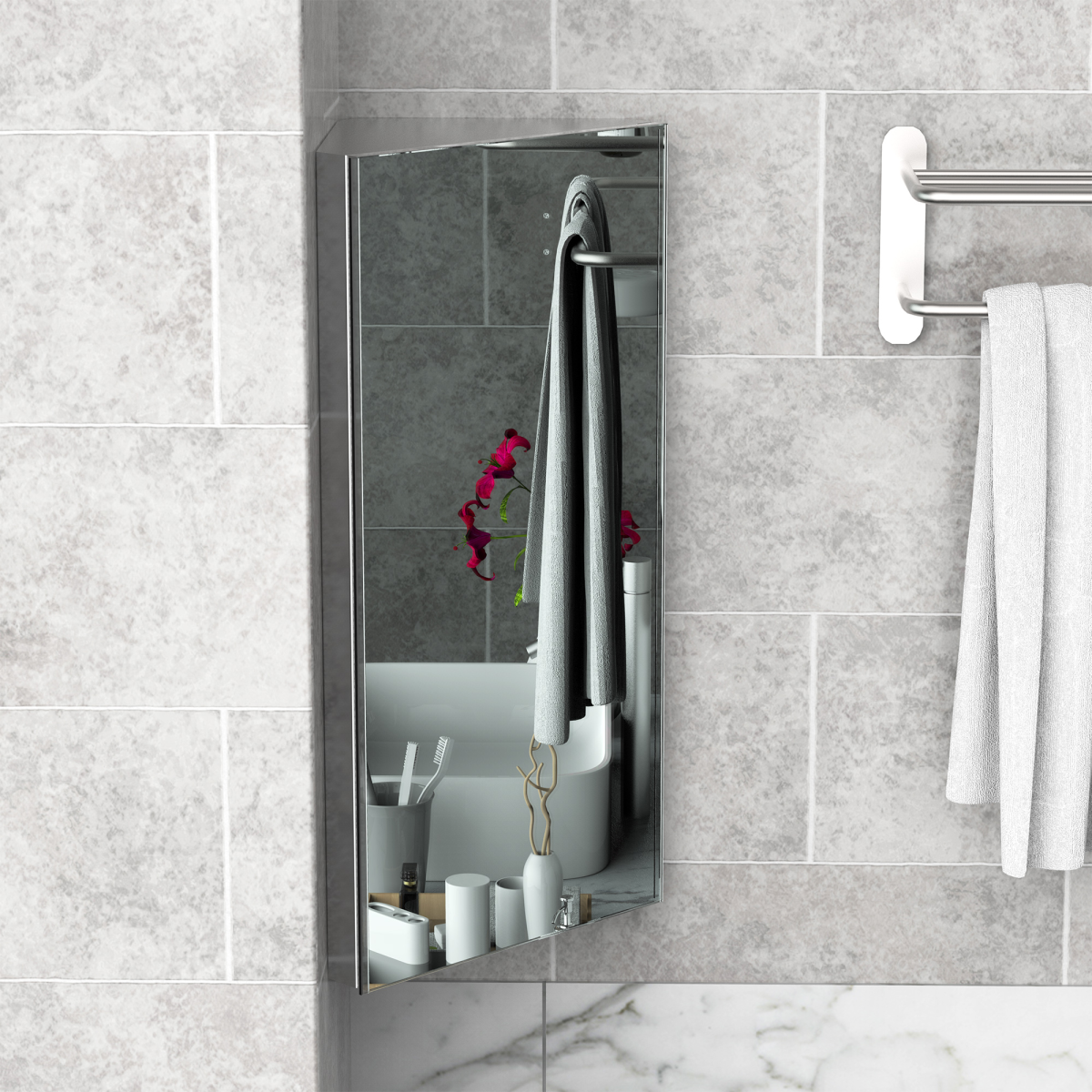 HOMCOM Stainless Steel Floating Corner Bathroom Cabinet with Mirror