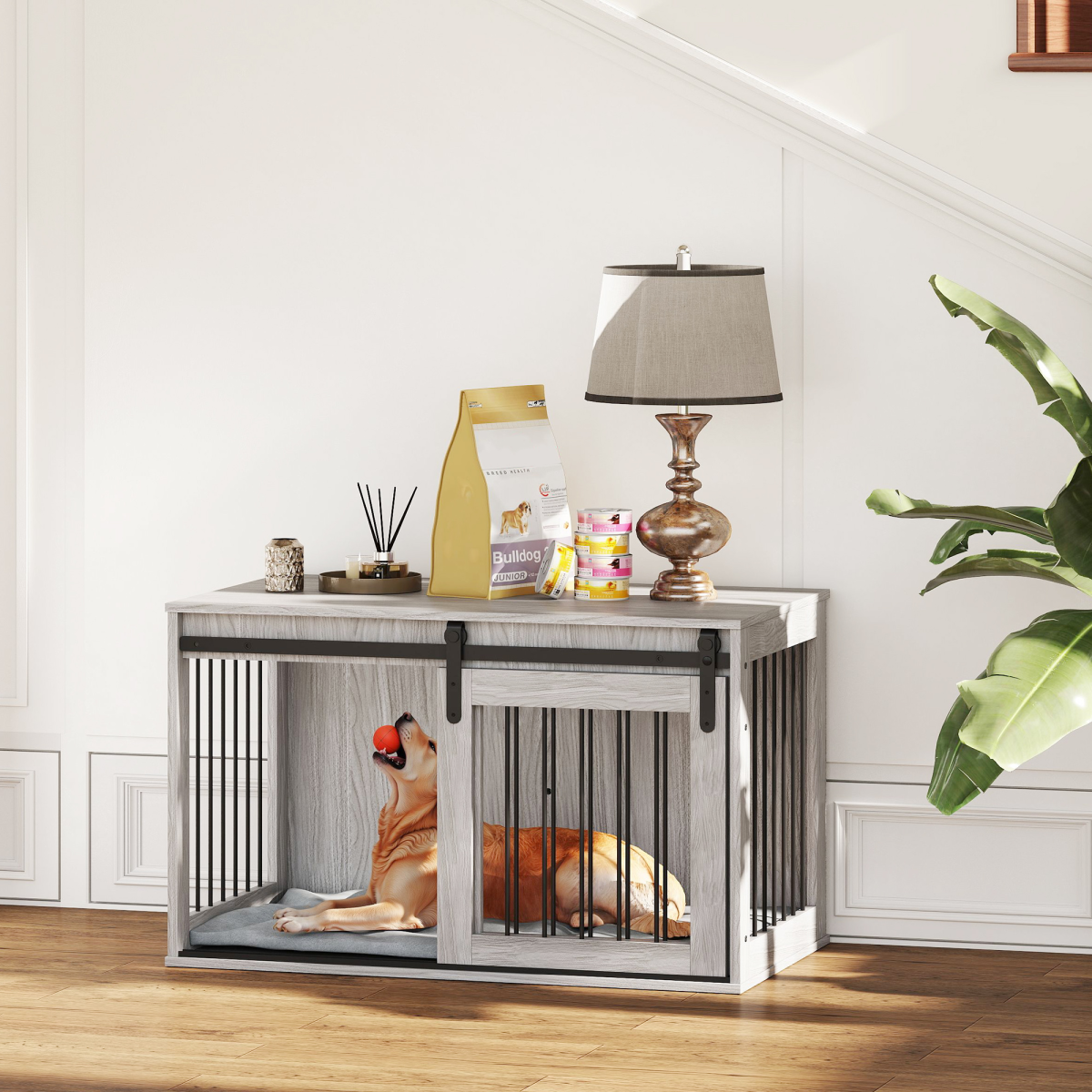 PawHut Grey Dog Crate Furniture with Cushion, Side Table for Large Dogs