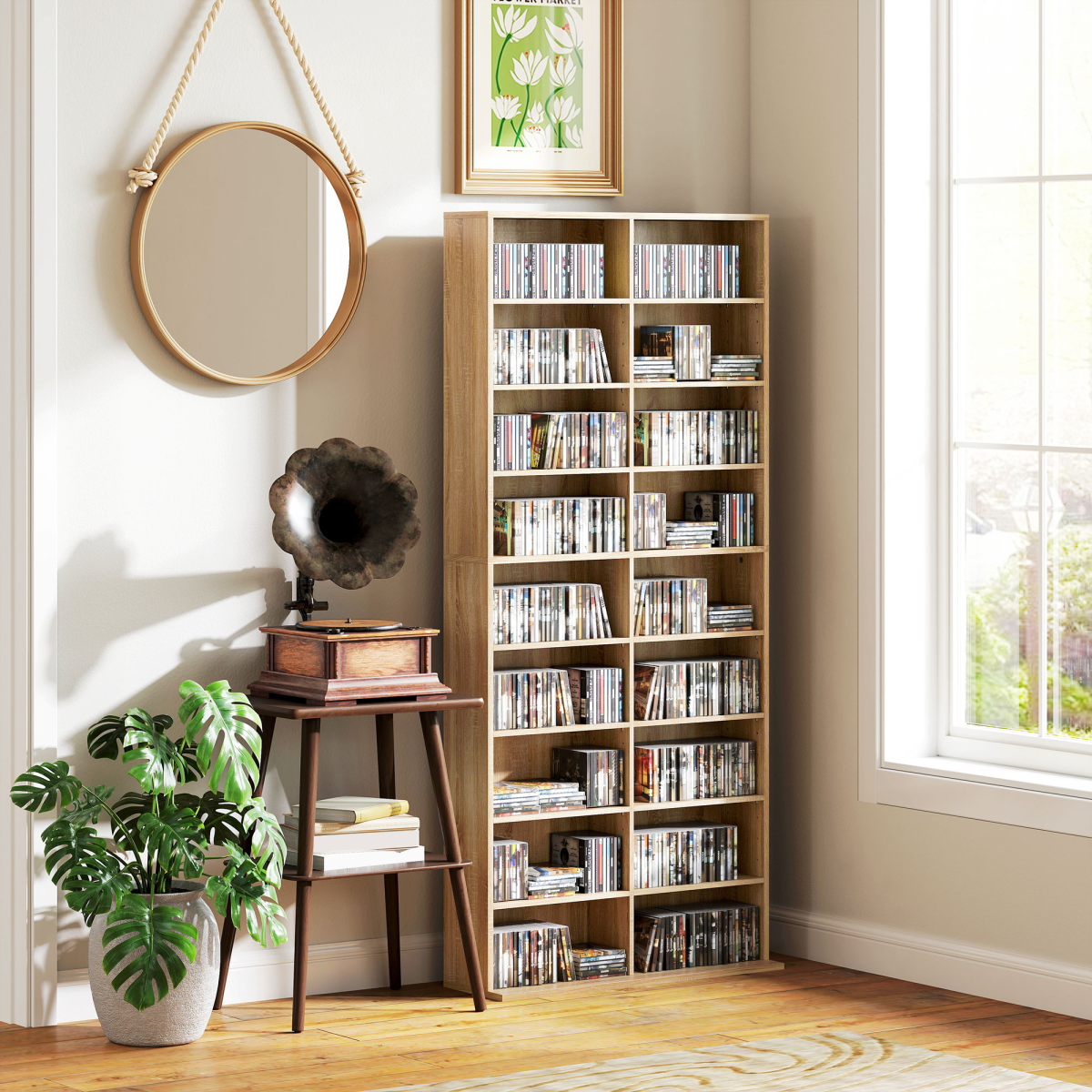 HOMCOM 640 CD 360 DVD Storage Tower, 18 Compartments, Natural