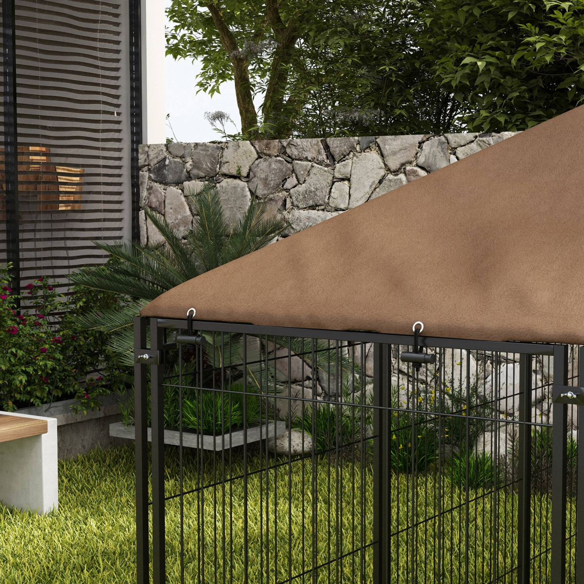 PawHut Outdoor Dog Kennel with Canopy, Lock & Rotating Bowl Holder