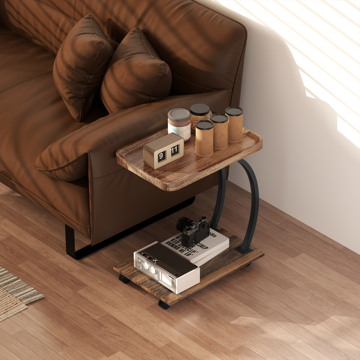 HOMCOM C-Shaped 2-Tier Side Table with Storage and Wheels, Brown
