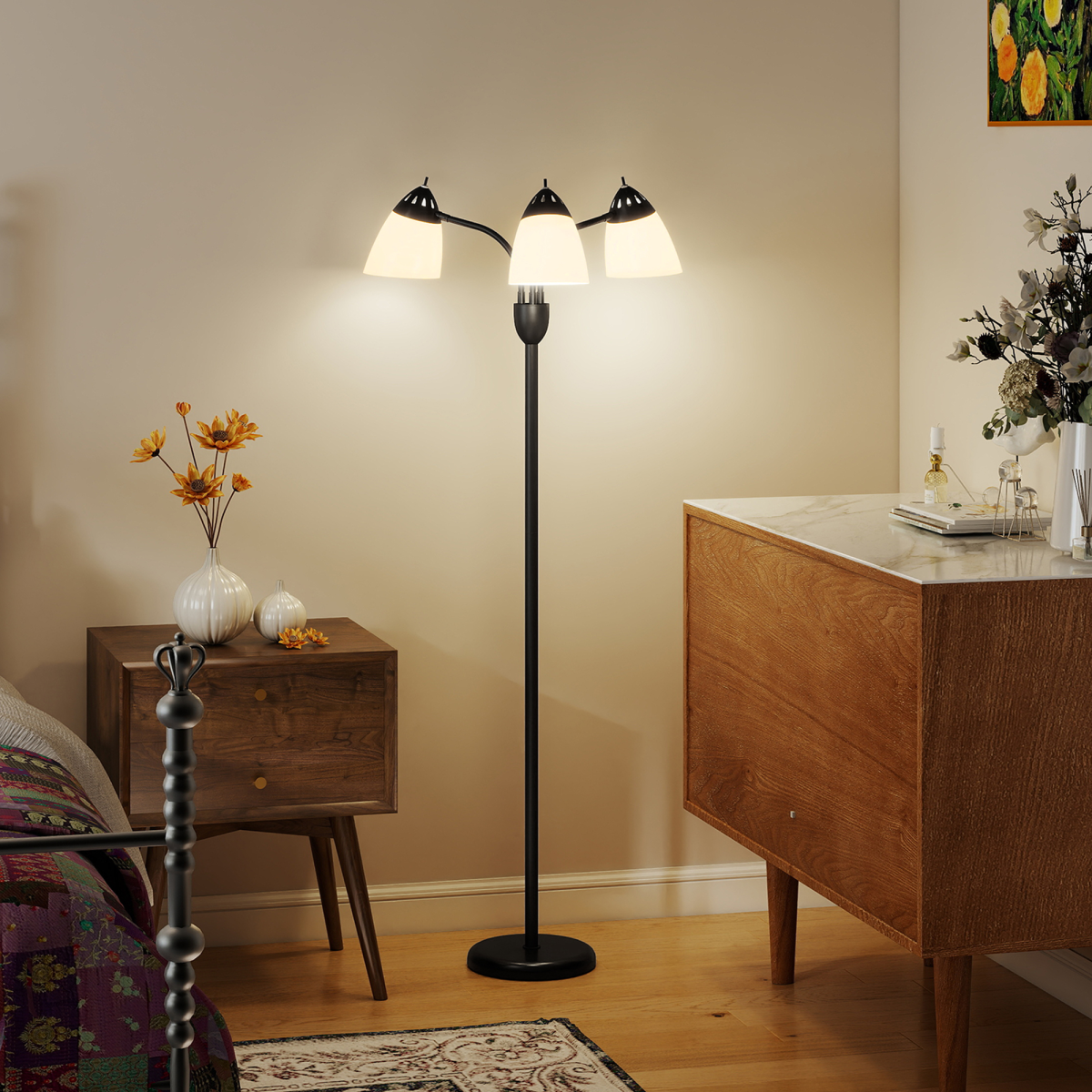 HOMCOM 3-Light Arc Tree Floor Lamp, Flexible Heads, Black, 3000K/4500K/6500K