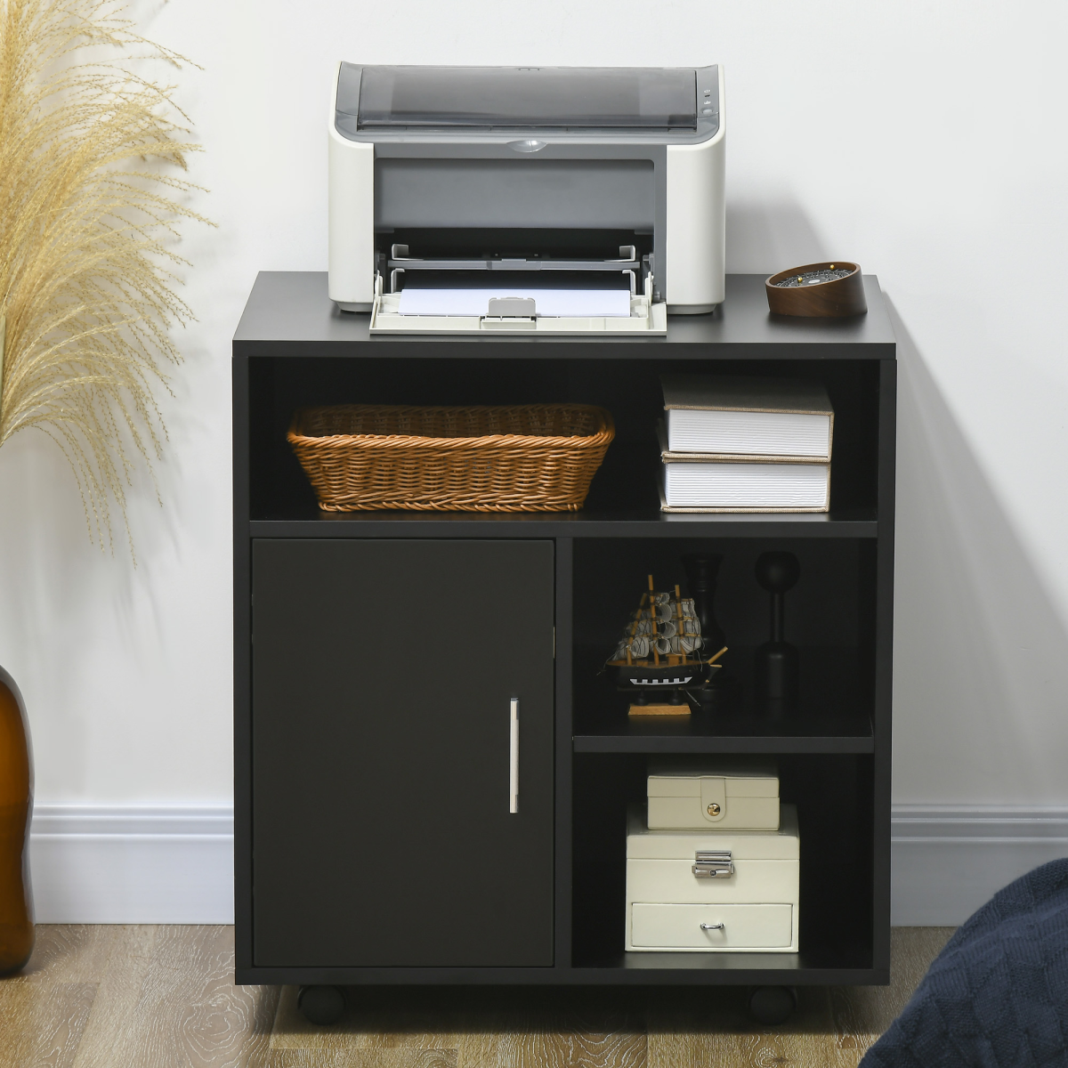 Multi-Storage Printer Unit with 5 Compartments, Adjustable Shelf, Lockable Wheels, Black