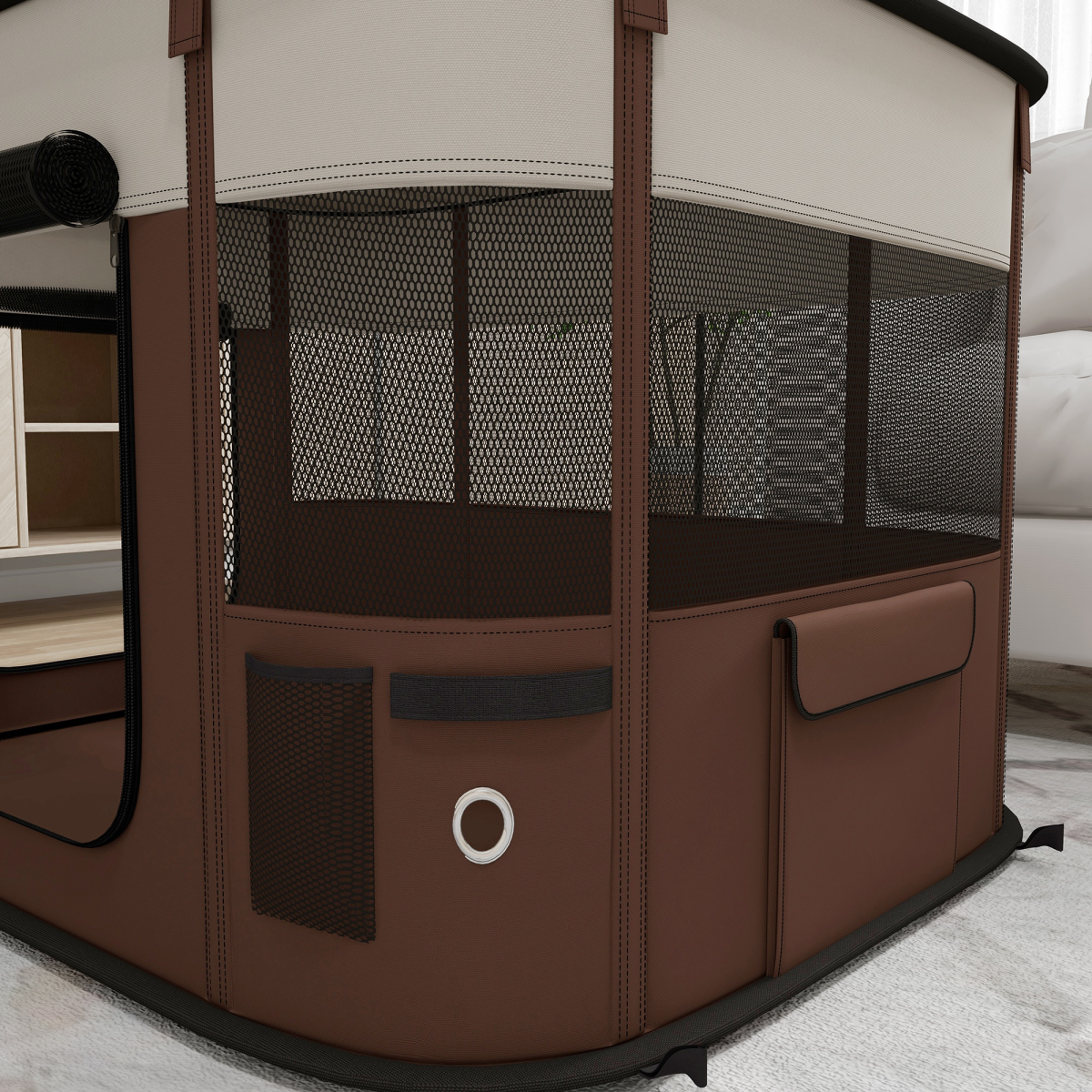 PawHut Foldable Portable Dog Pen with 7 Mesh Windows, 3 Doors, Storage Bags and Ground Stakes, Brown