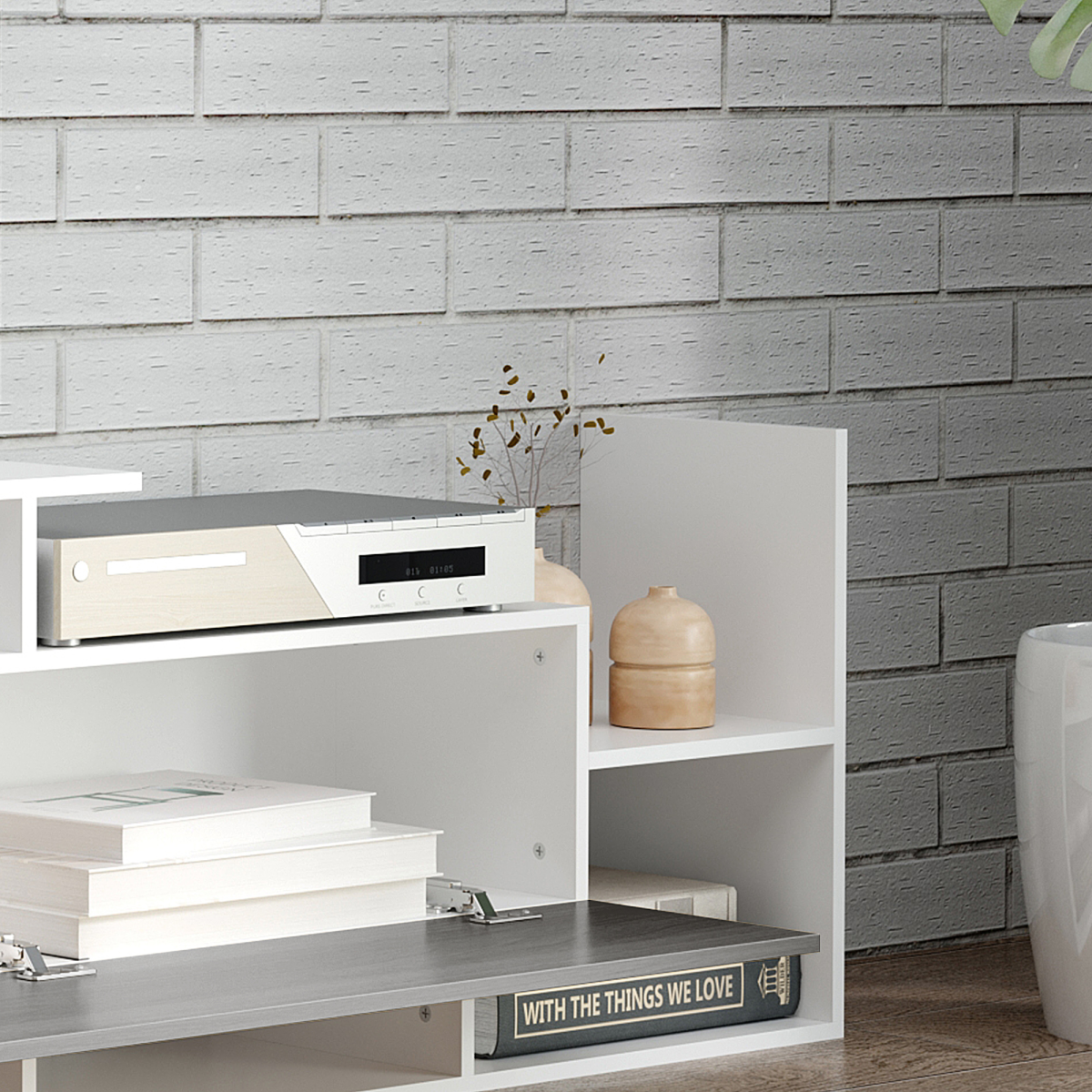 TV Cabinet Unit with Wall-Mounted Shelf and Open Shelves, White and Grey
